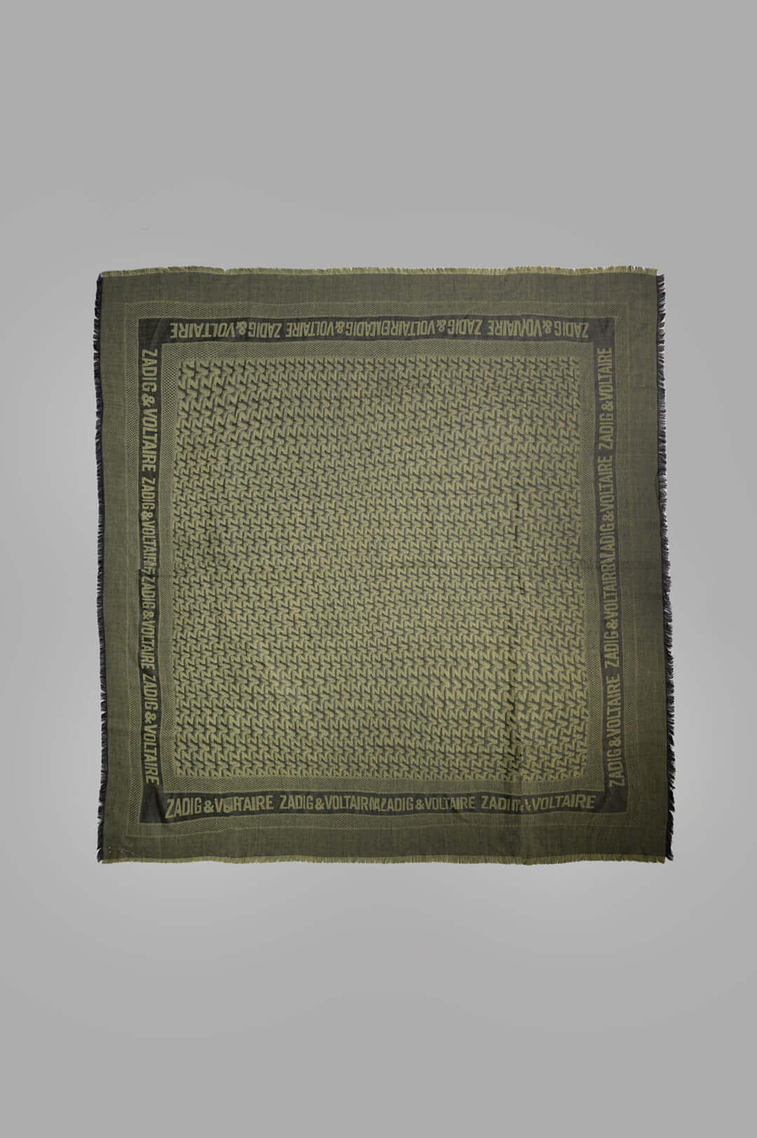 Zadig & Voltaire Initials Glenn Scarf in olive green, oversized jacquard design featuring ZV monogram, textured edges.