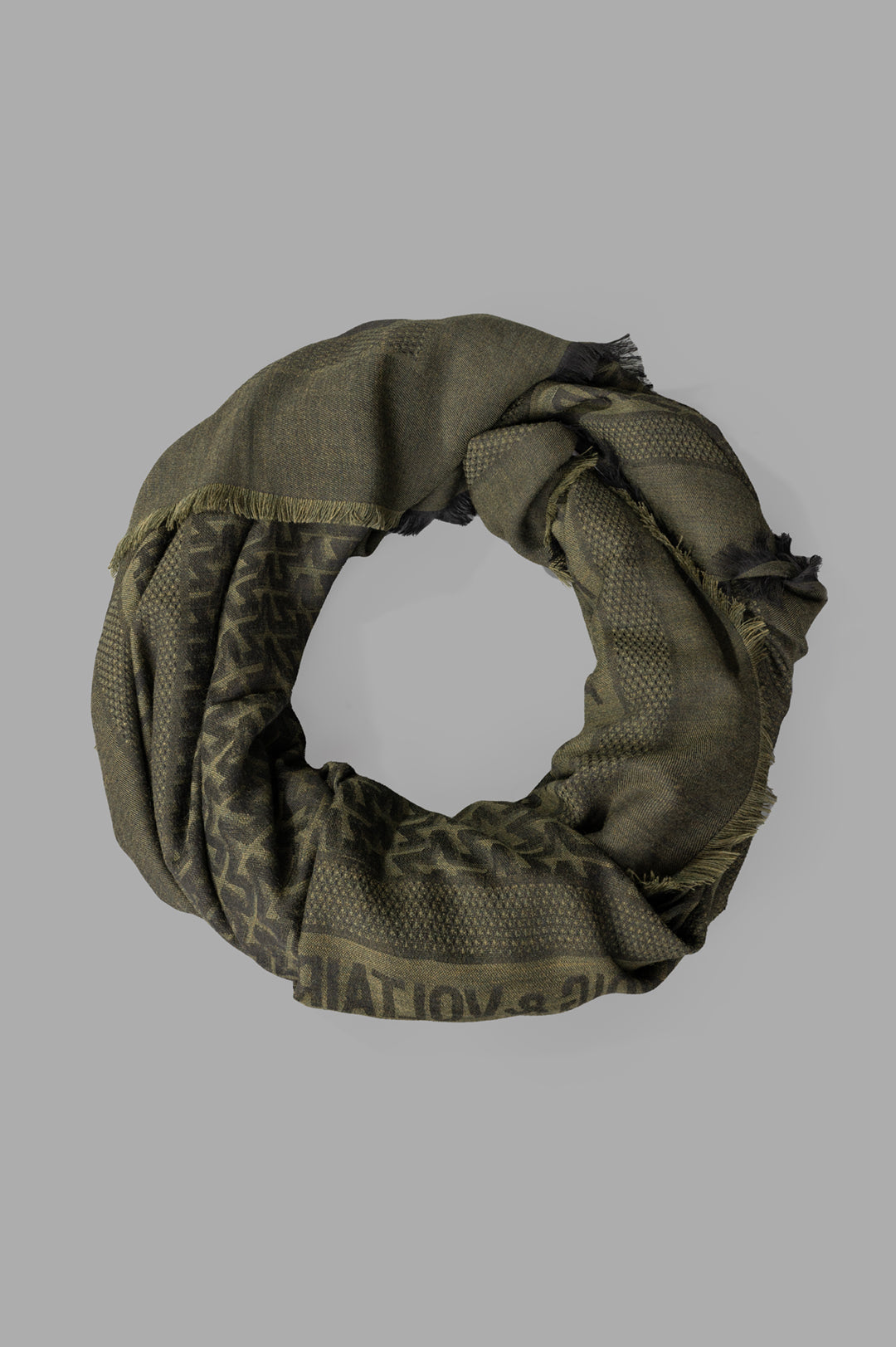 Zadig & Voltaire Initials Glenn Scarf in olive green, featuring jacquard ZV monogram and fringed edges, coiled view.