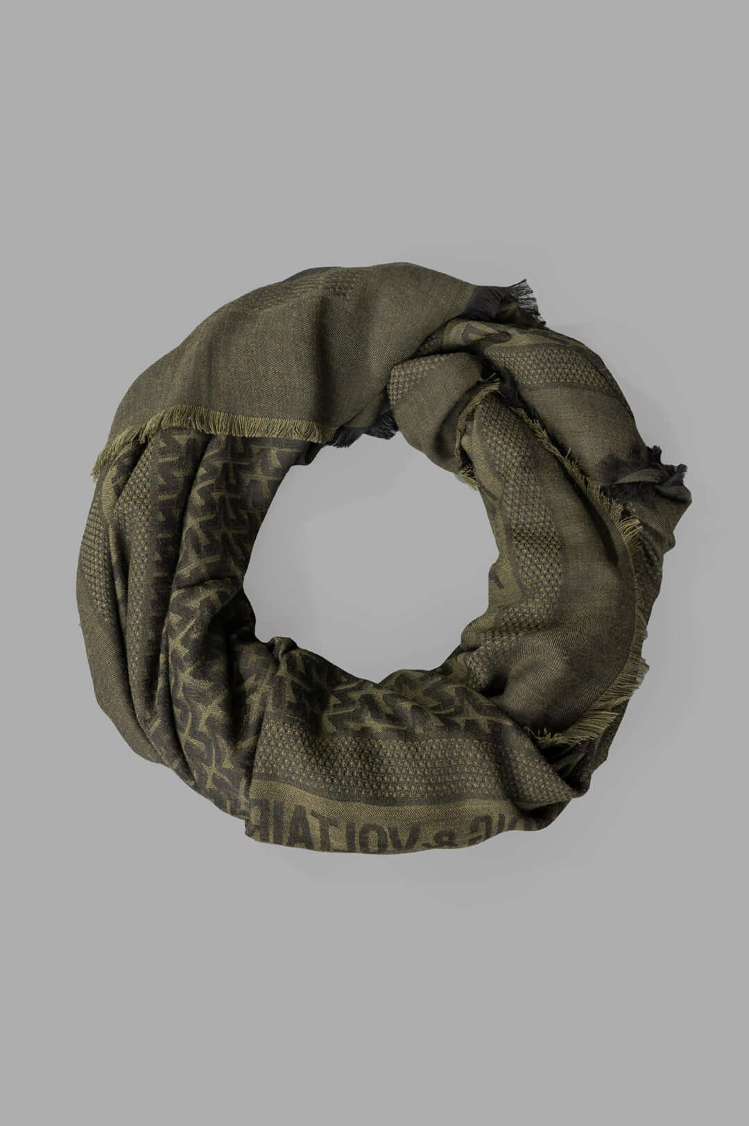 Zadig & Voltaire Initials Glenn Scarf in olive green, featuring jacquard ZV monogram and fringed edges, coiled view.
