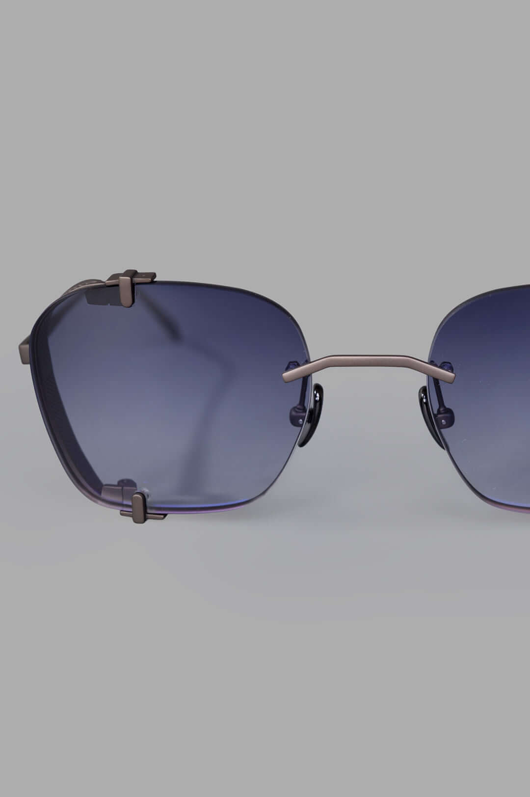 Vysen Eyewear. The Bei - BE2 rimless titanium sunglasses in black matte with stylish gradient lenses, showcasing a unique.