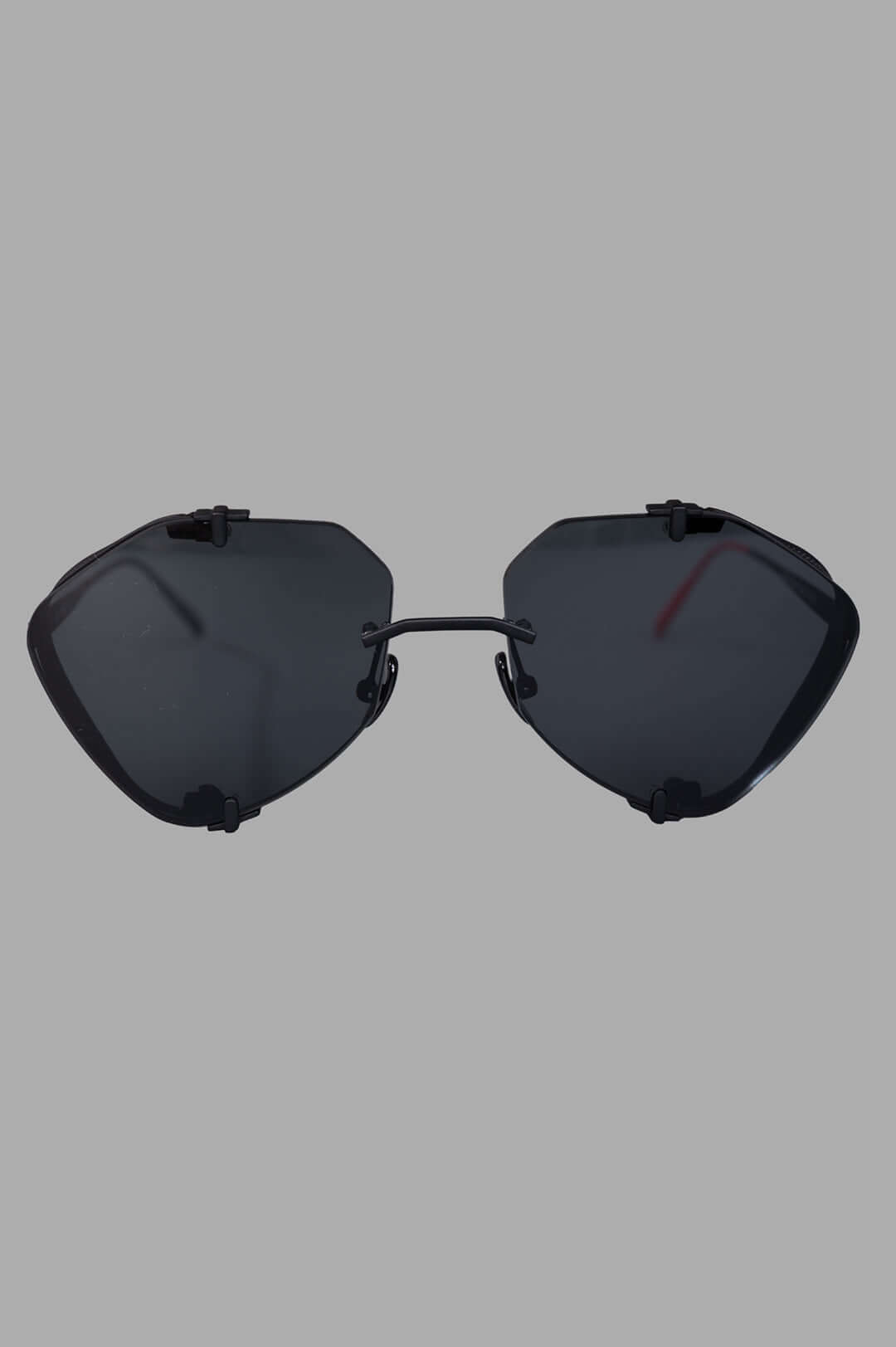 Vysen Eyewear The Khoid - KH1 rimless aviator sunglasses, front view, black matte titanium frame, black lenses.