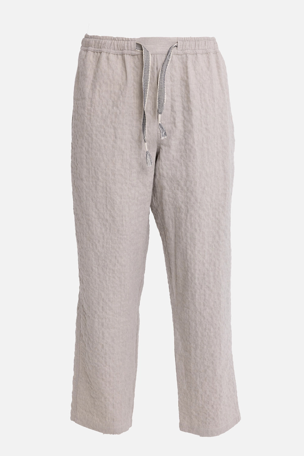Orlebar Brown men's trousers in Light Dijon, front view, elastic waist, striped drawcord and textured fabric