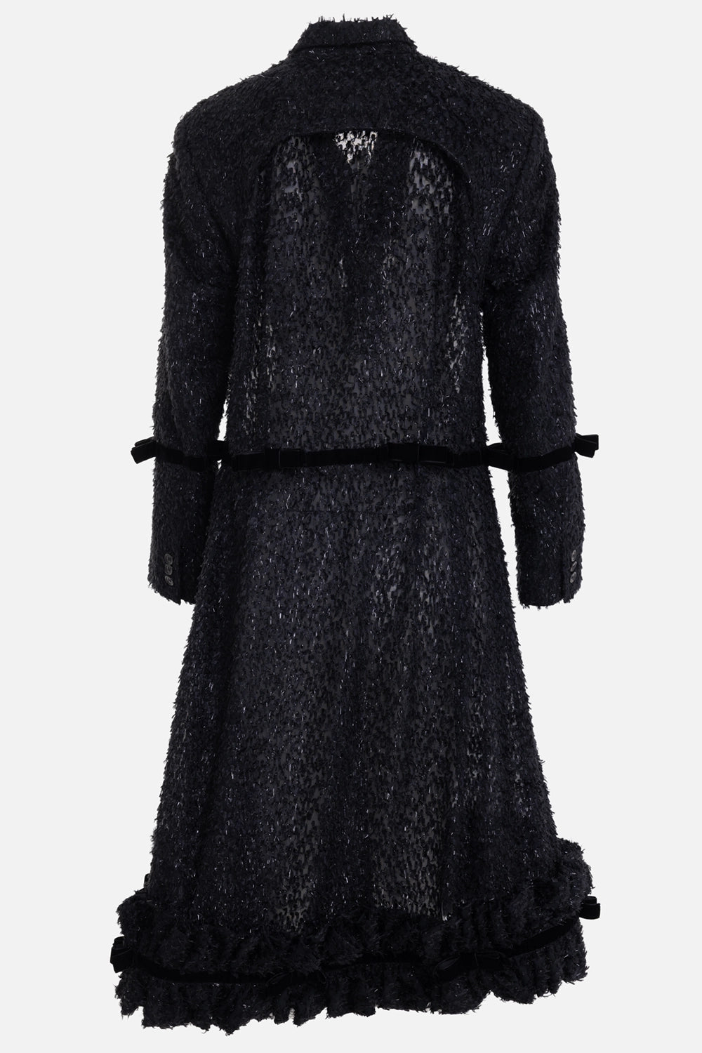 Noir Kei Ninomiya women's coat in black, back view, sheer textured panel and velvet waist bow