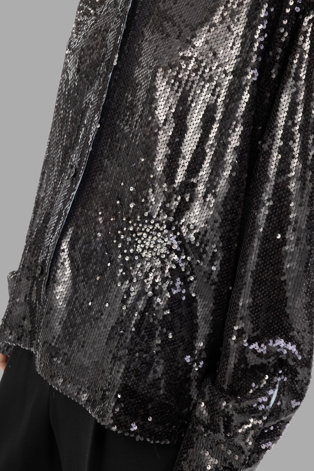 Des Phemmes women's sequin shirt in Grey Gard, fabric close-up showing dense allover sequins.