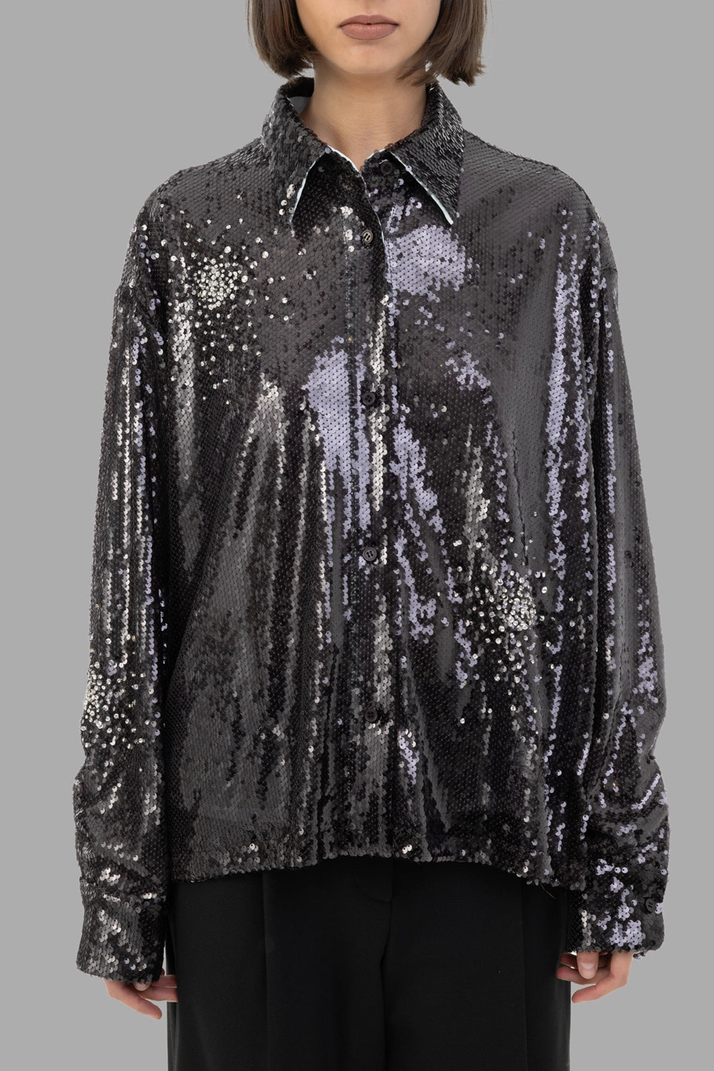 Des Phemmes women's sequin shirt in Grey Gard, front view, classic collar and button placket, loose sleeves.