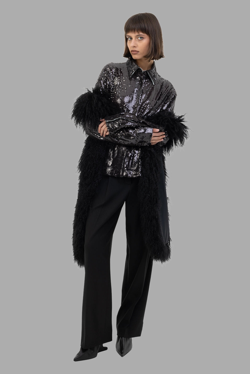 Des Phemmes women's sequin shirt in Grey Gard, full-length on model, relaxed fit with metallic shine.