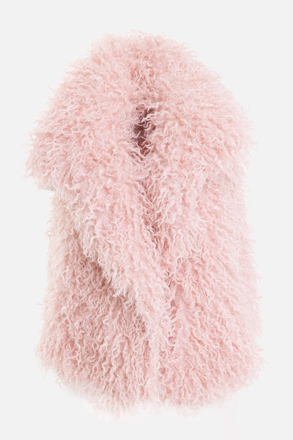 Norma Kamali women's shaggy vest in Ballet Pink, front view with plush curls and wide open lapels