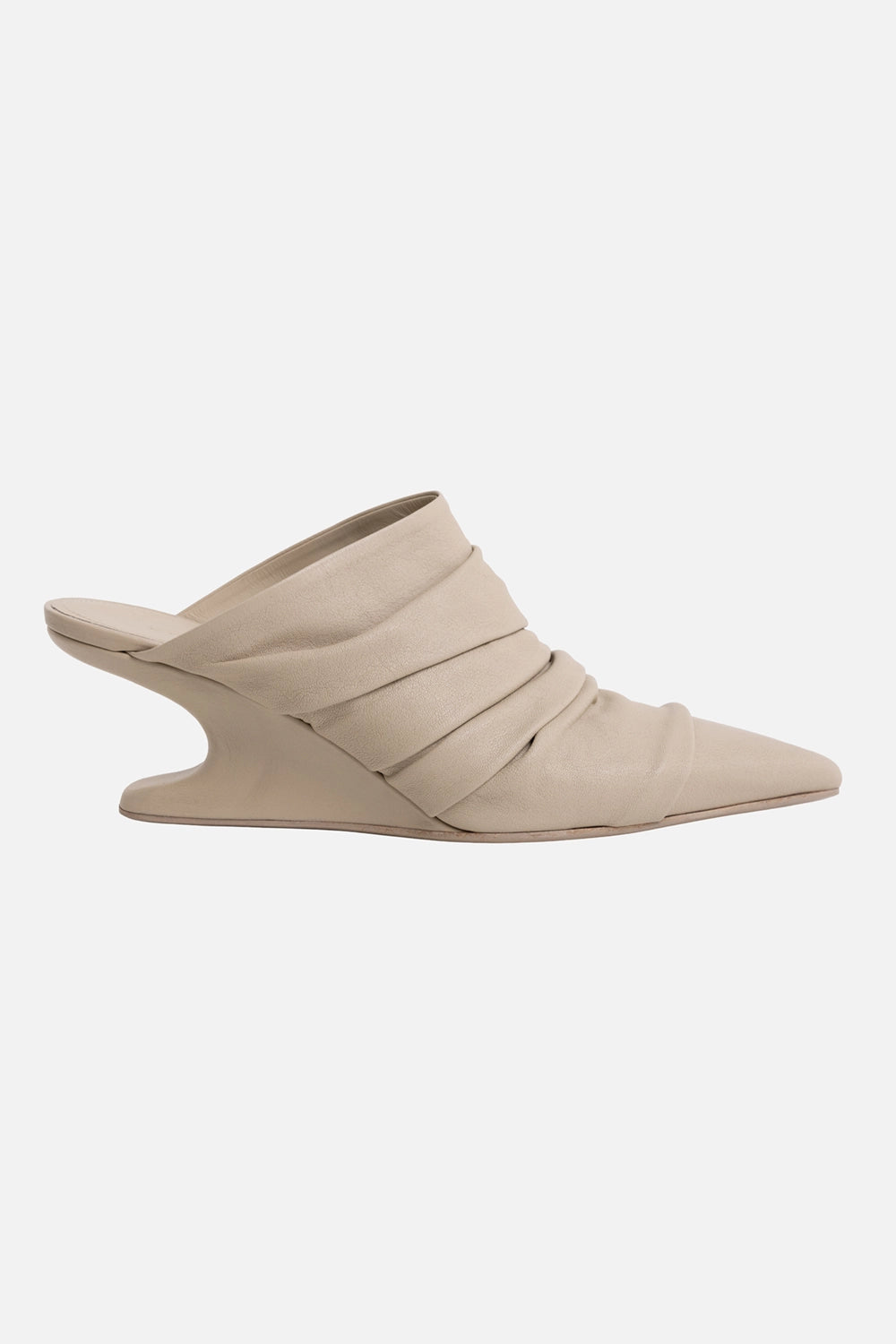 Rick Owens women's sharp sabot mule in Sand, side view, pointed toe and draped leather upper