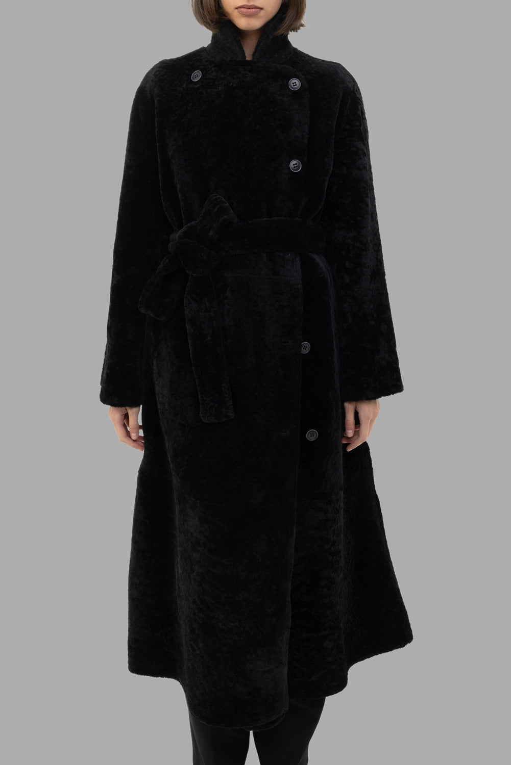 By Malene Birger women's shearling coat in black, front view, double-breasted with tie belt