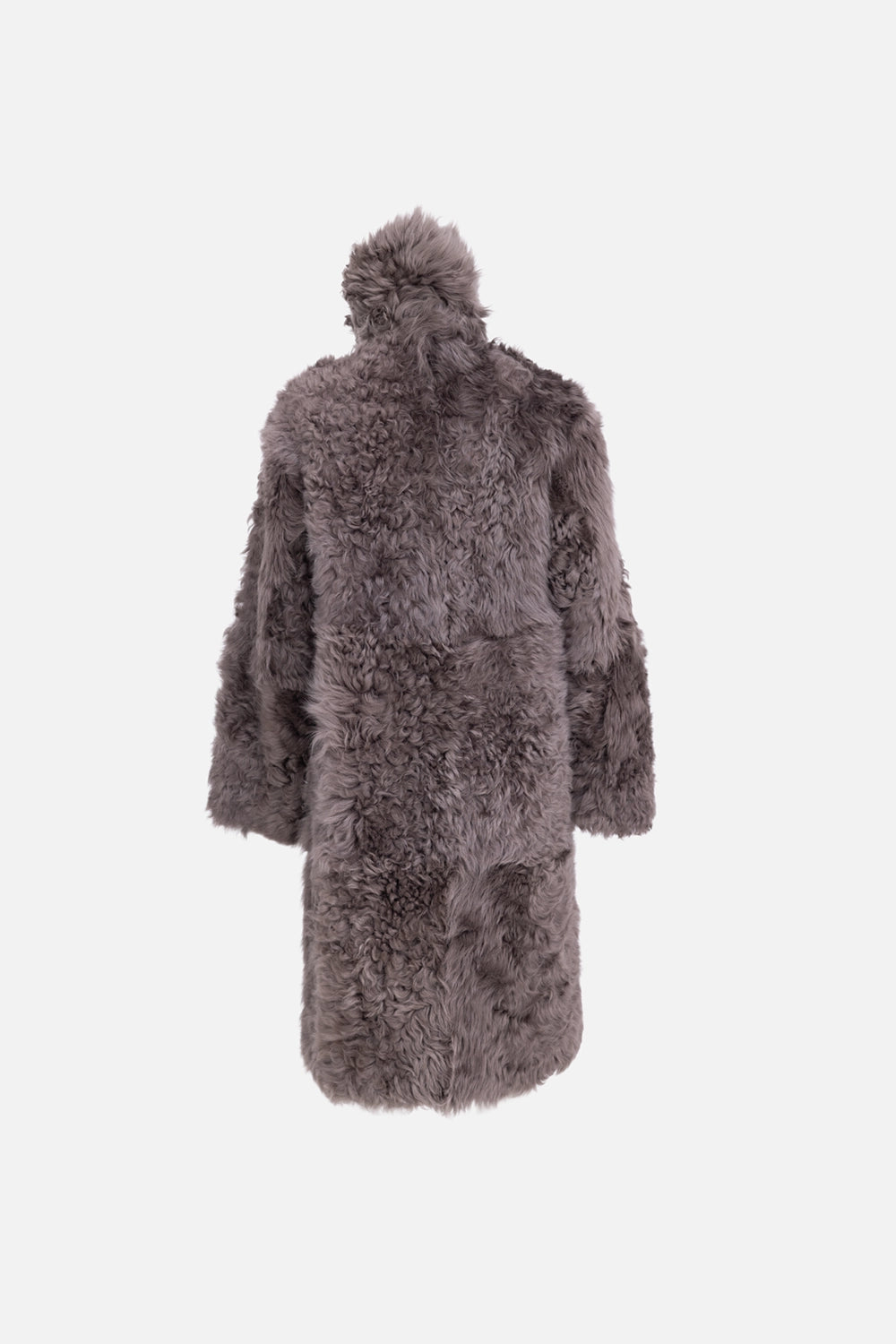 Helmut Lang women's shearling coat in grey, back view, longline cut with textured shearling panels