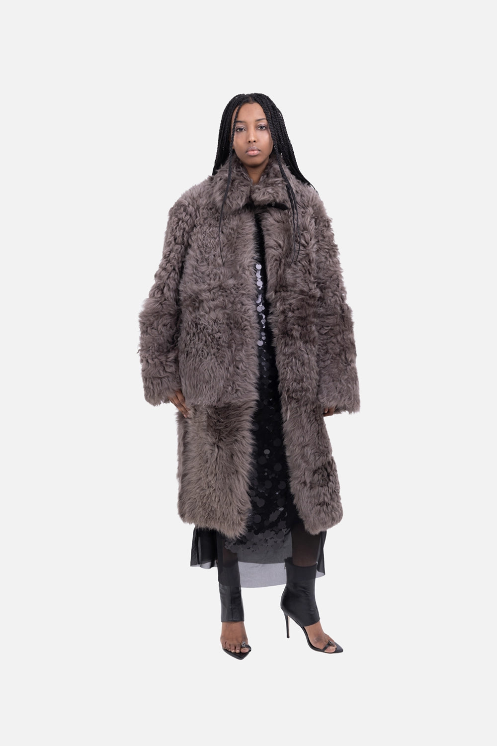 Helmut Lang women's shearling coat in grey, on-model full length, plush toscana texture