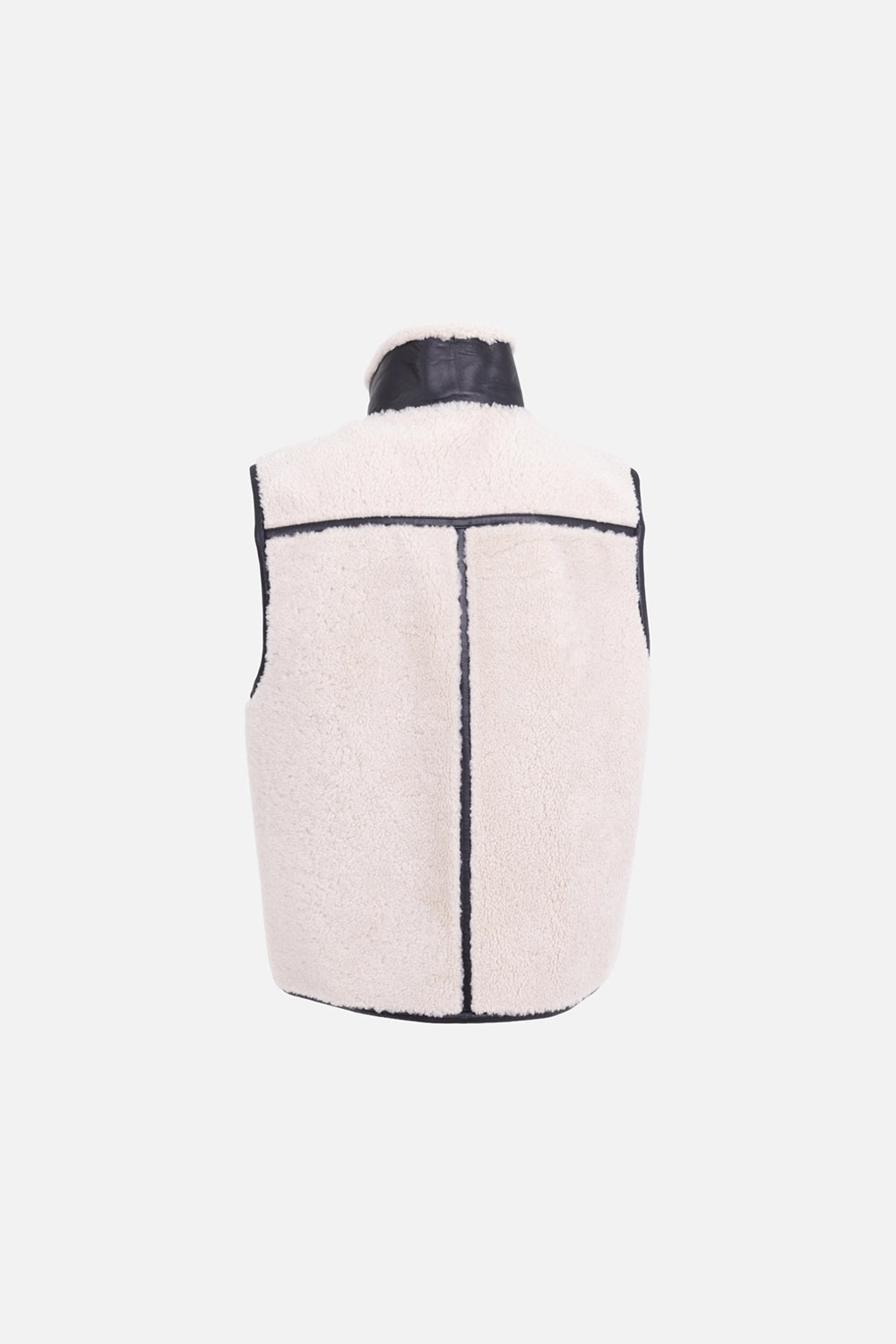 Helmut Lang men's shearling vest in cremello/black, back view, cream shearling face with black seam binding