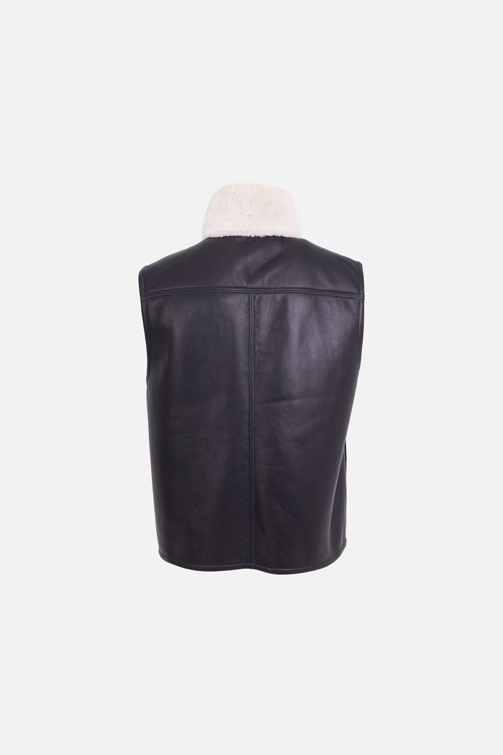 Helmut Lang men's shearling vest in cremello/black, back view, black leather face with center seam