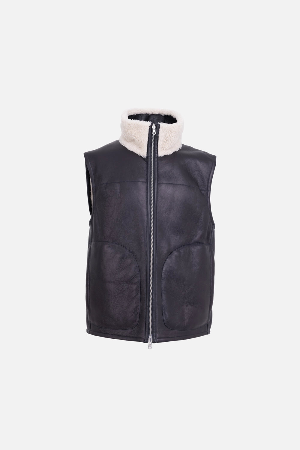Helmut Lang men's shearling vest in cremello/black, front view, cream shearling face with two-way zip