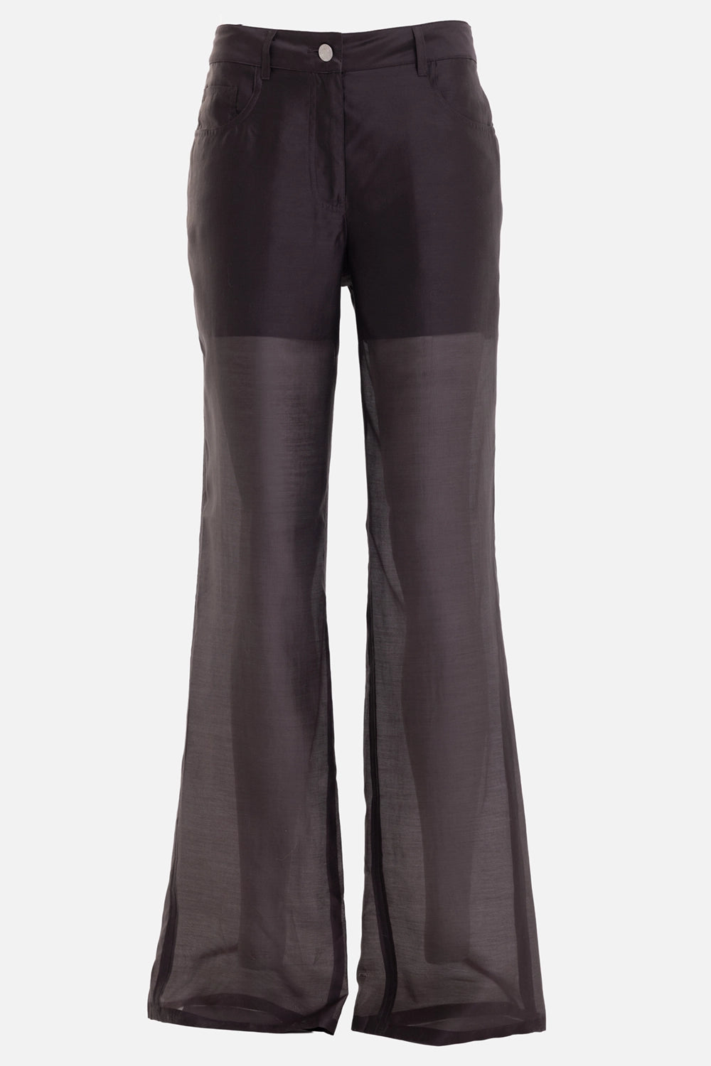 Helmut Lang women's trousers in Bistre, front mannequin view with silver button and sheer flared legs
