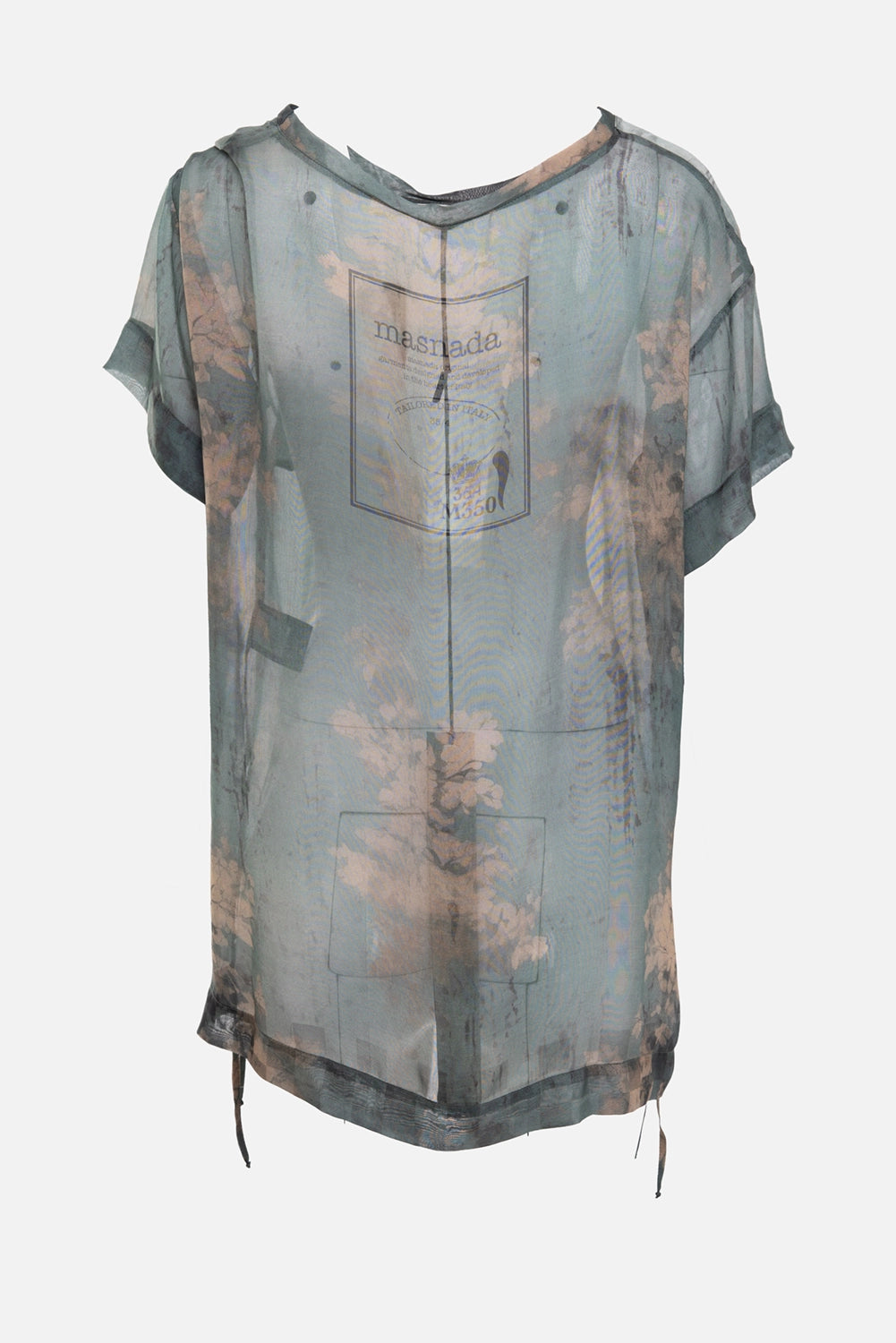 Masnada women's sheer T-shirt in eau du nil grey, back view, translucent floral print and center seam