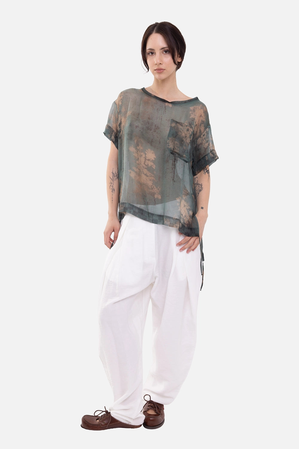 Masnada women's sheer T-shirt in eau du nil grey, on-model full-length, floral print and side ties
