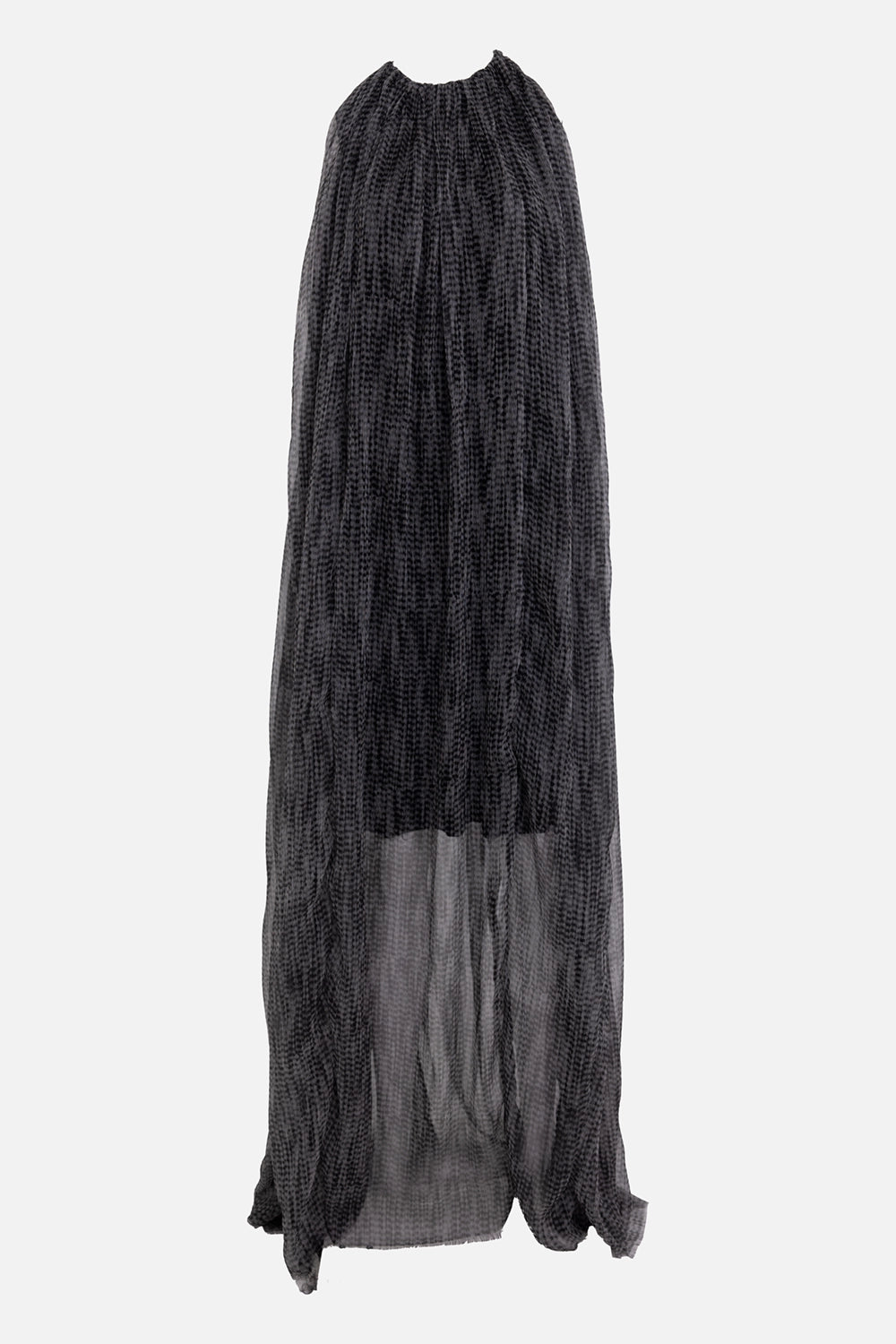 Giovanni Cavagna women's sheer halter dress in white/black, front view, gathered neckline and transparent check layer