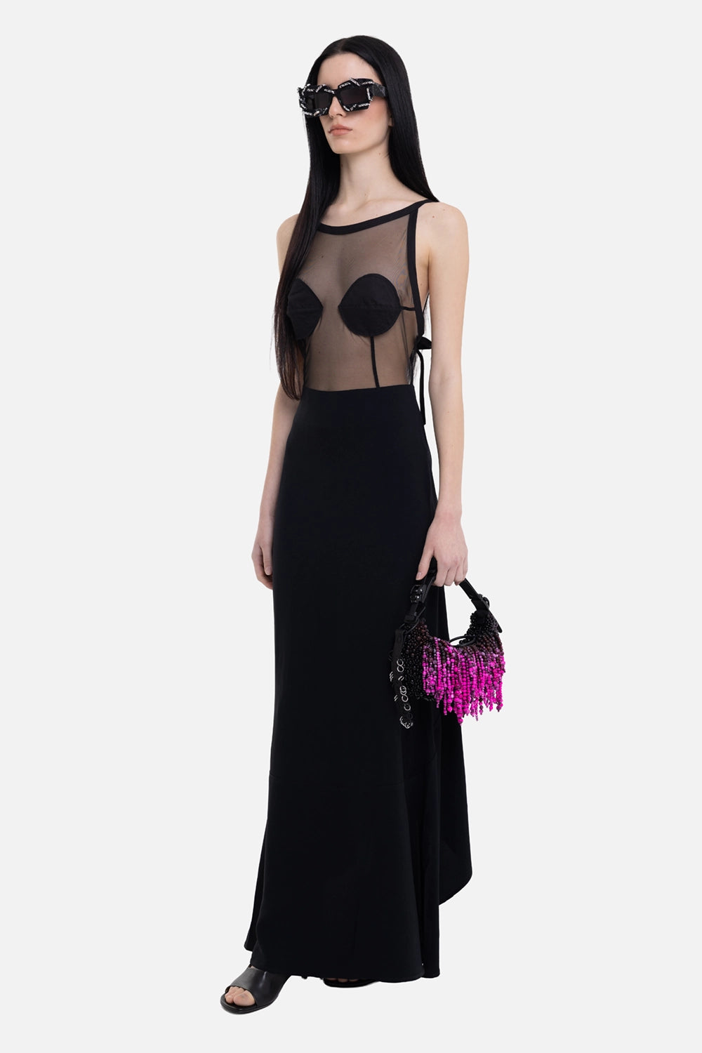 Sehnsucht women's mesh maxi dress in black, on-model full-length view, sheer bodice and flared hem
