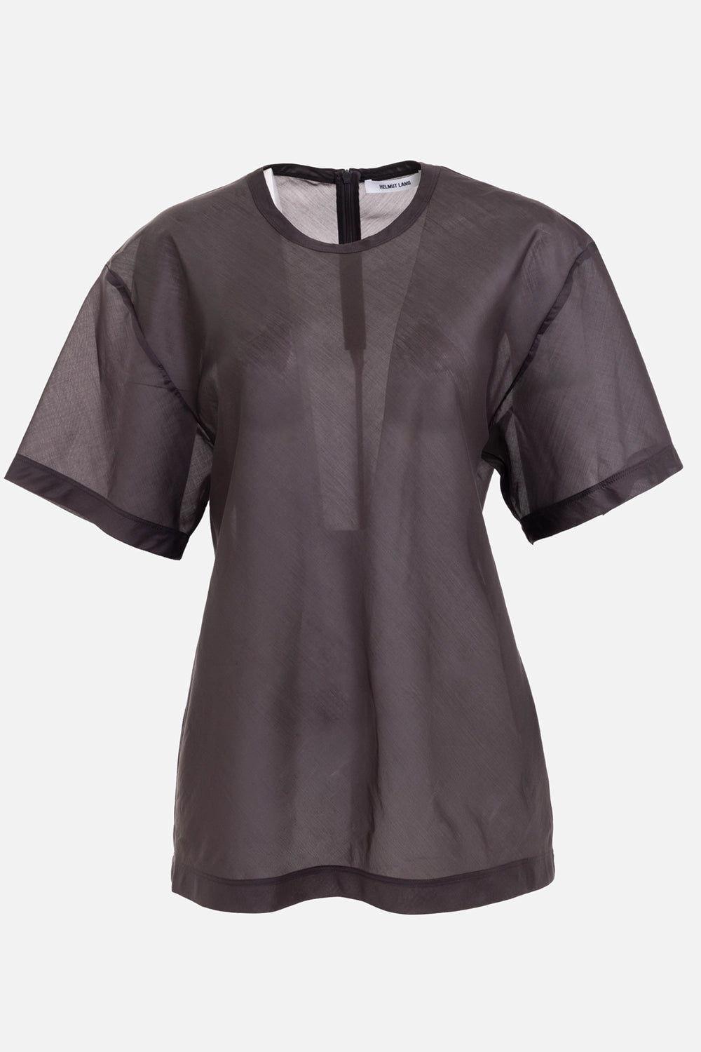 Helmut Lang women's tee in Bistre, front view with crewneck, short sleeves and translucent voile