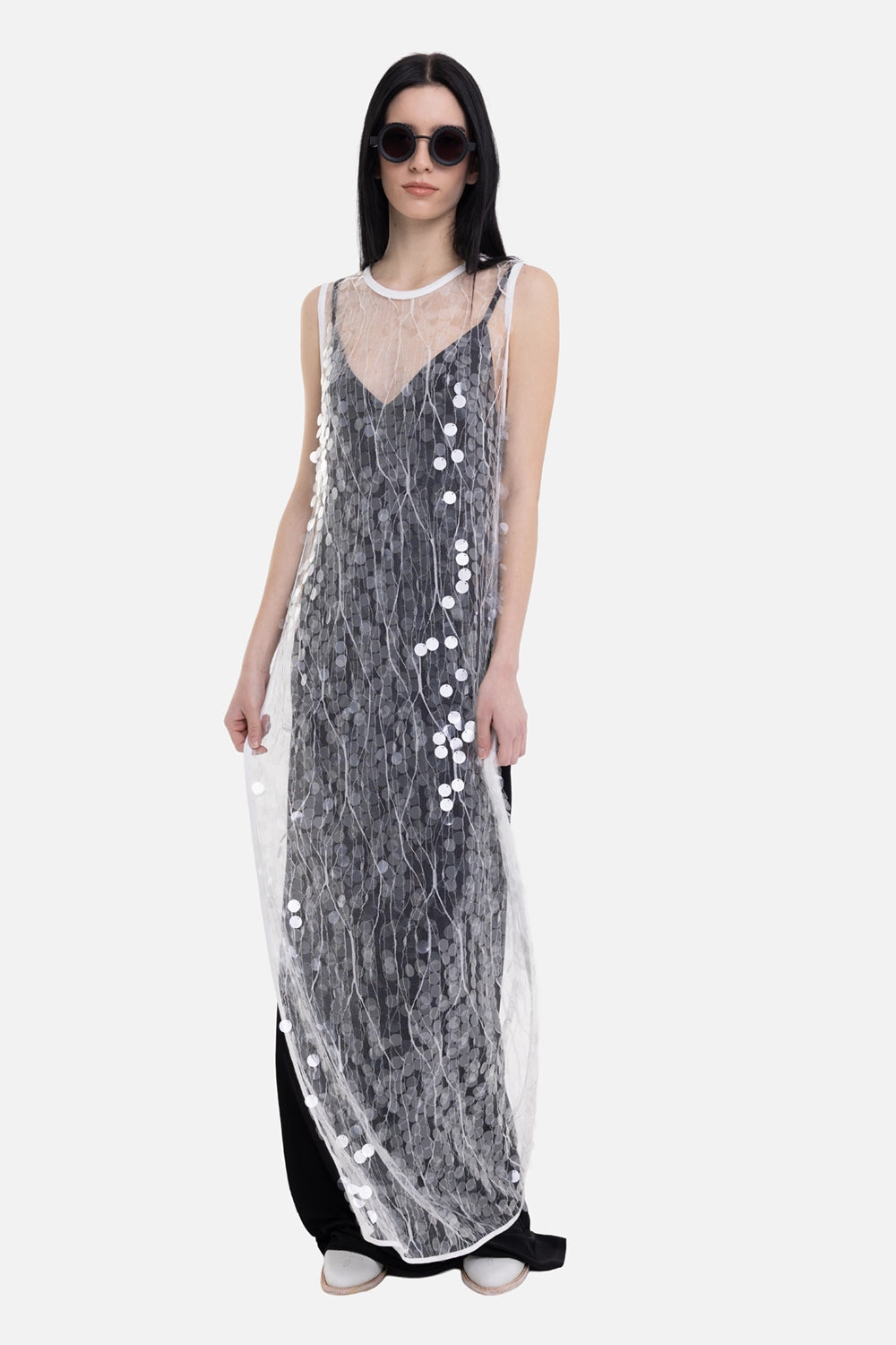 Sehnsucht Atelier women's overlay dress in ivory, on-model full length, sleeveless mesh with disc sequins
