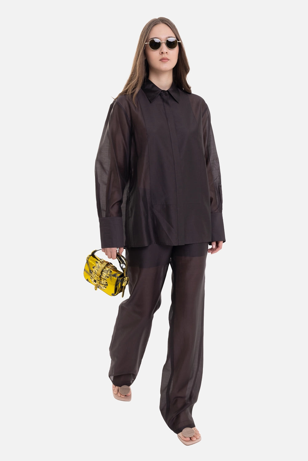 Helmut Lang women’s sheer shirt in bistre, on-model full-length view, matching sheer trousers