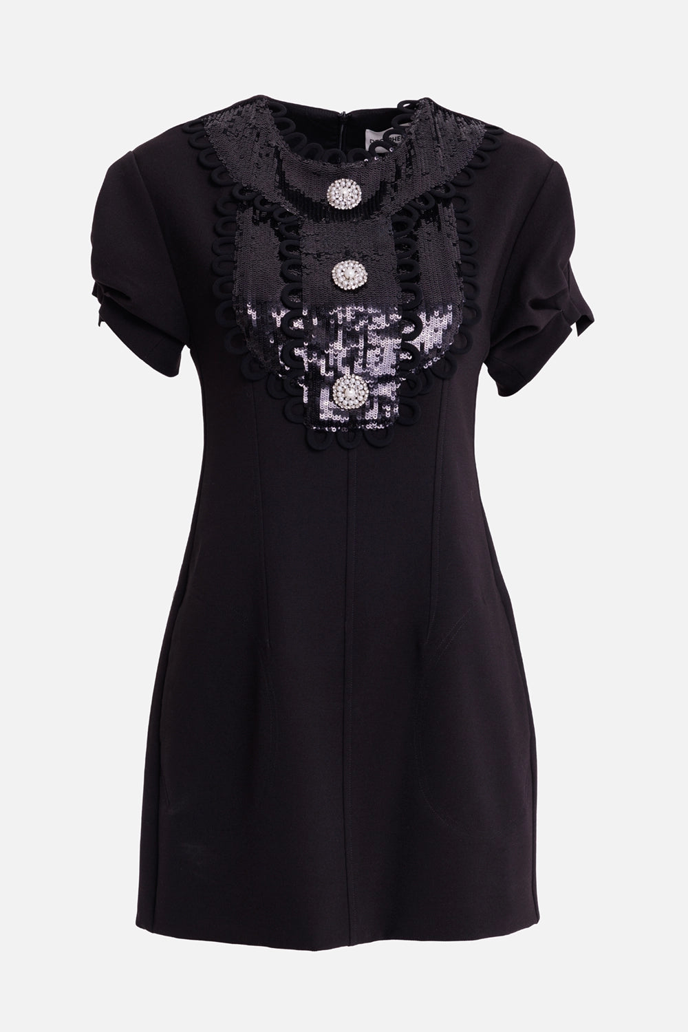 Des Phemmes women's black mini dress, front view with tonal sequins, looped trim and jeweled buttons