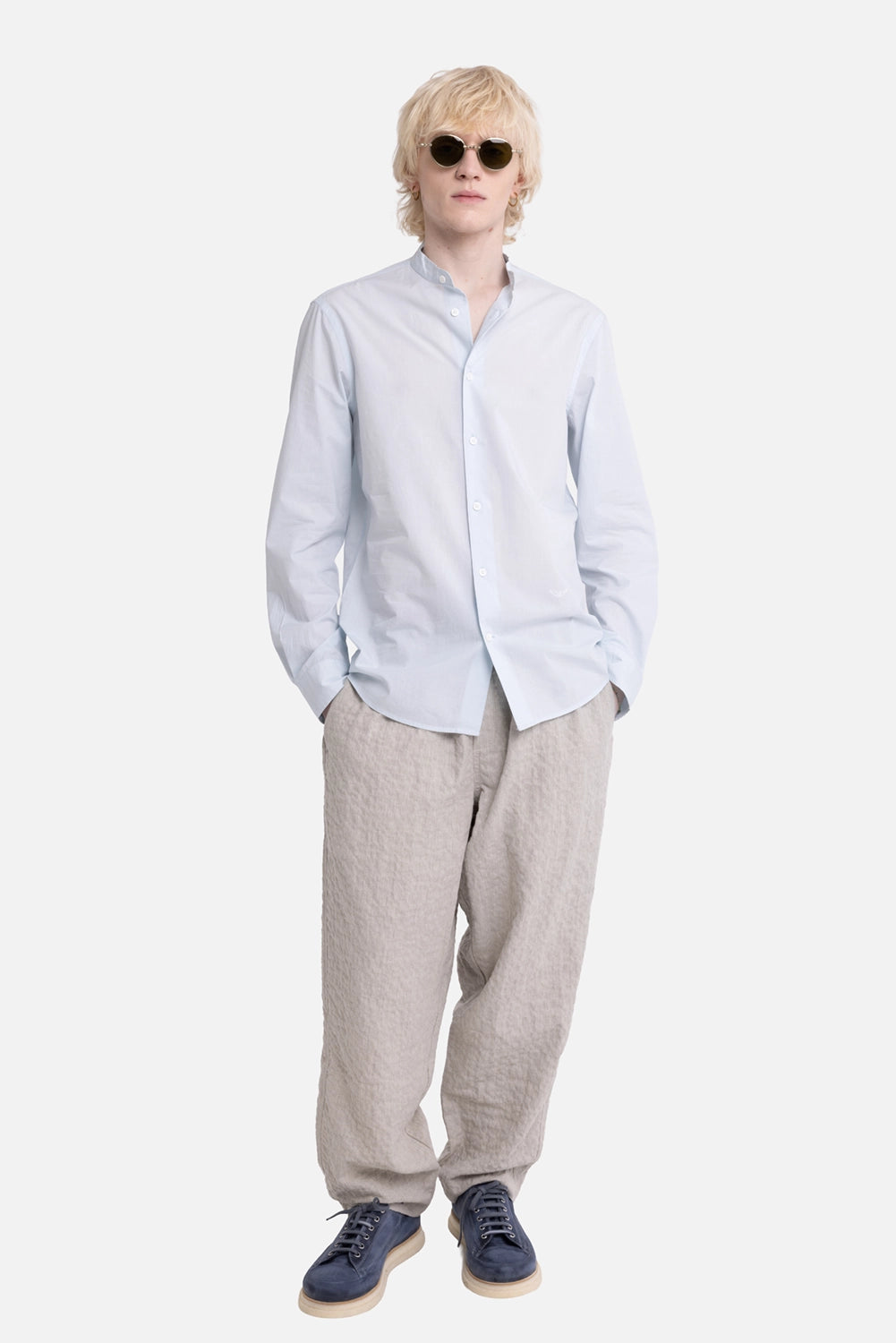Zadig&Voltaire men's shirt in baby blue, on-model full-length, slim fit and curved hem