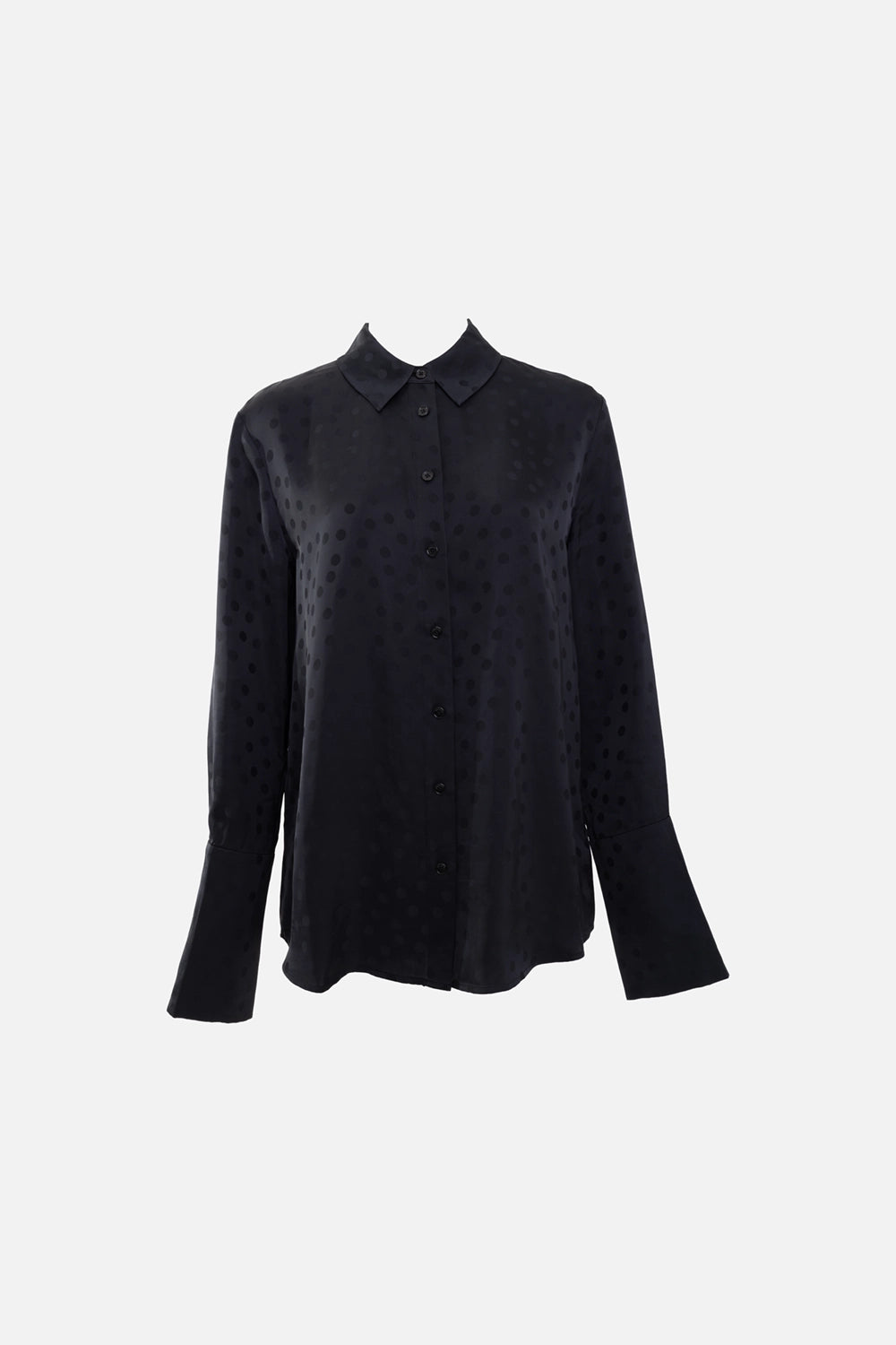 Anine Bing women's shirt in black dot jacquard, front view, button front with pointed collar