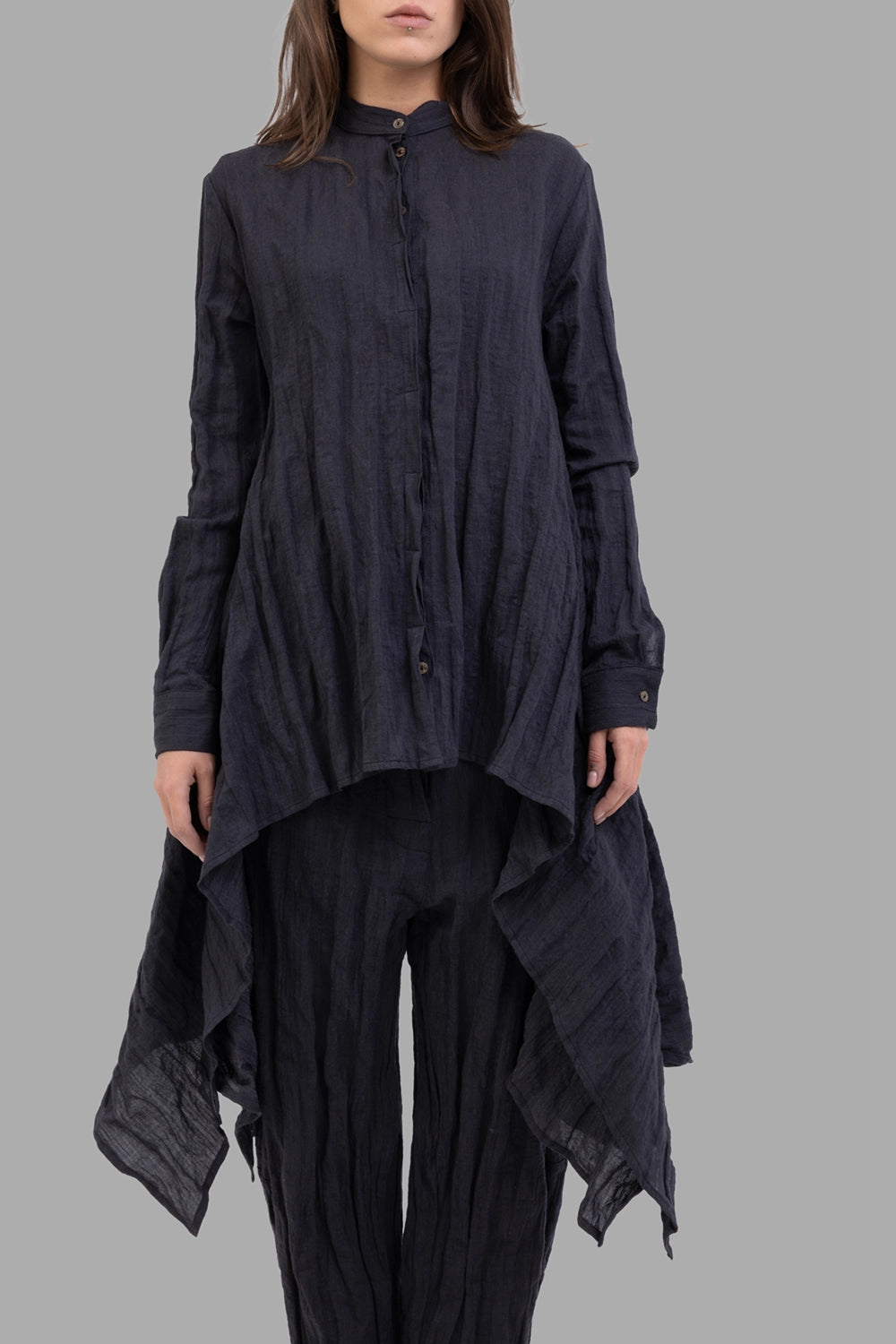Marc Point women's black shirt, front view, stand collar and covered placket, crinkled texture.