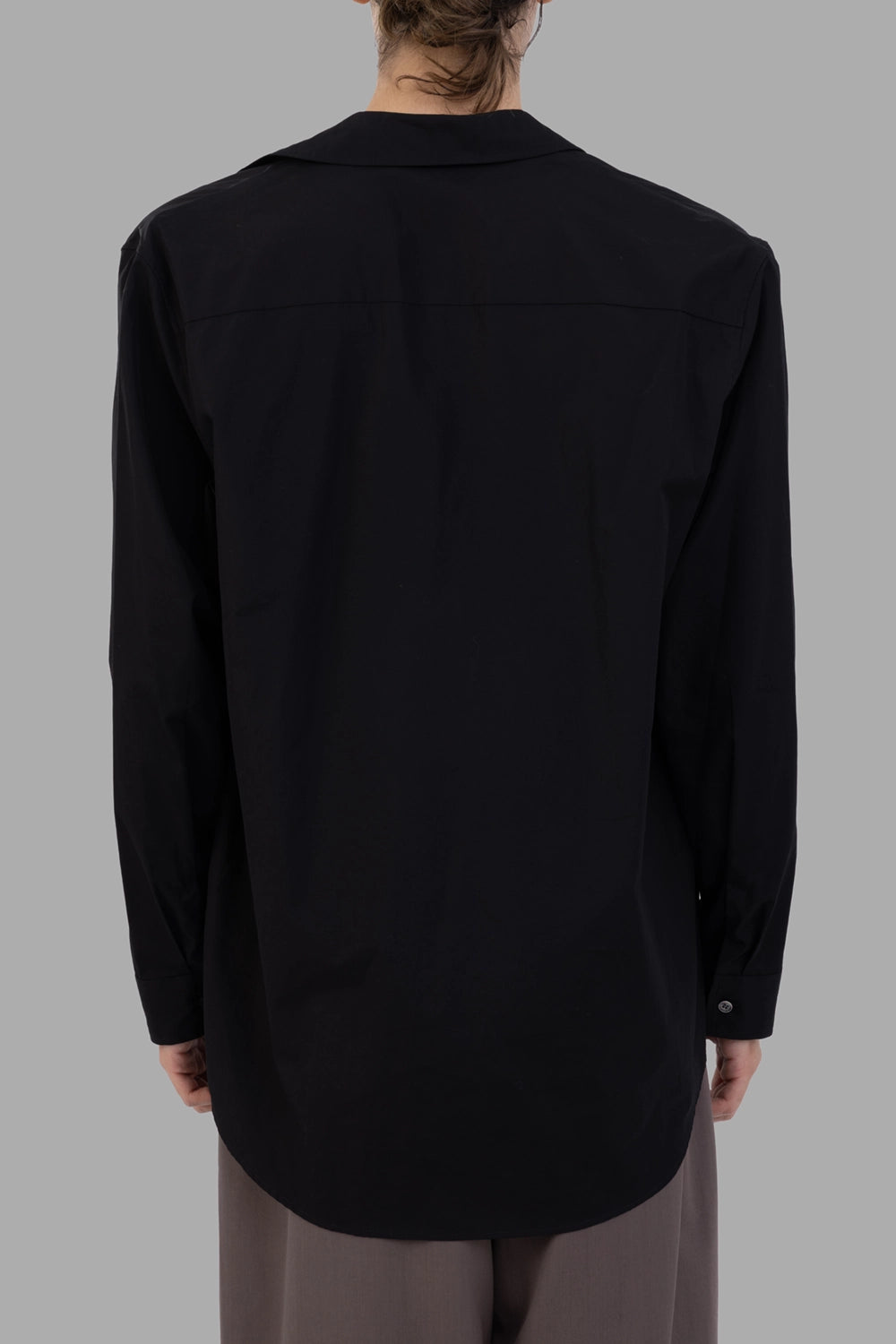 Rick Owens black shirt, front close view, deep plunging V neckline and long sleeves