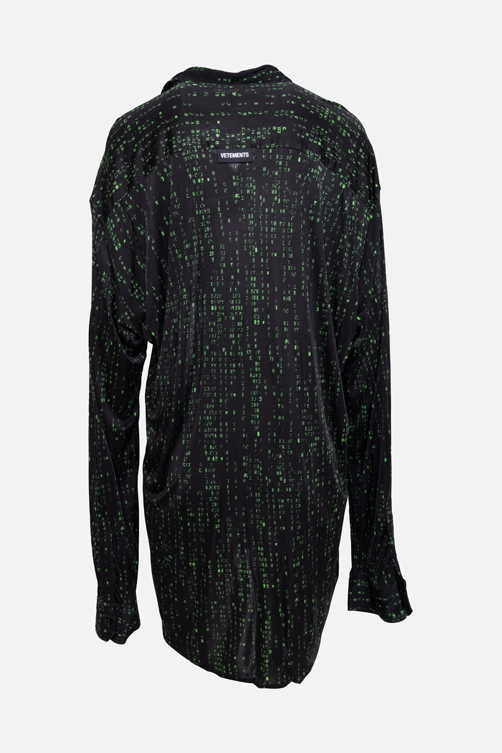 Pre-owned Vetements unisex shirt in black/green, back view, extra-long length with green code print