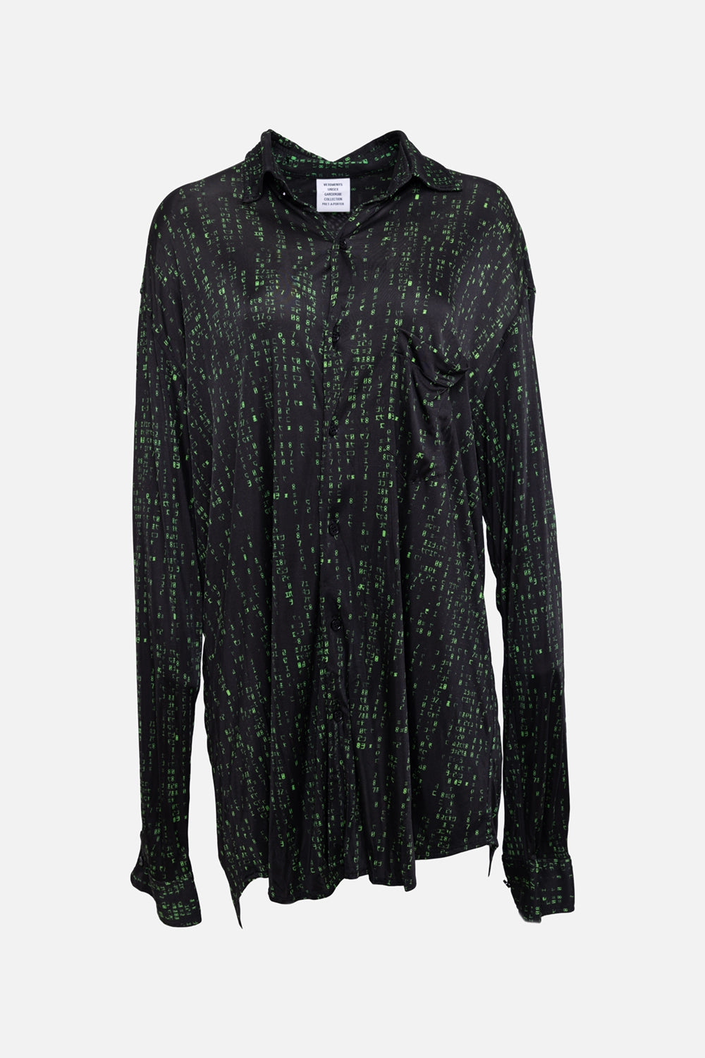 Pre-owned Vetements unisex shirt in black/green, front view, green code print and chest patch pocket