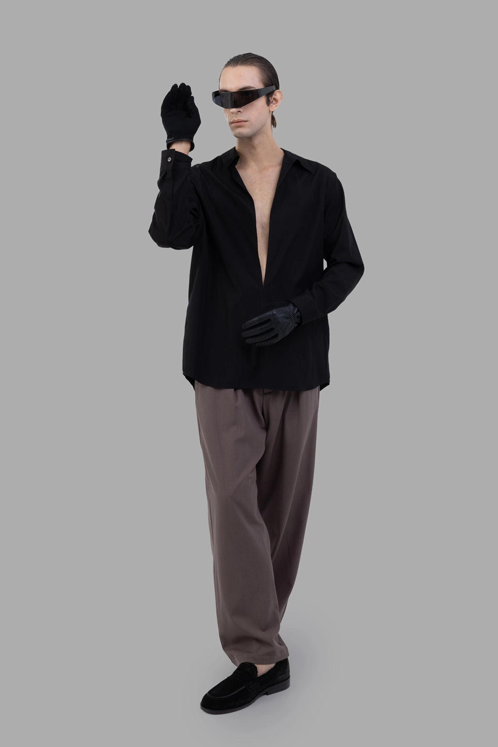 Rick Owens black shirt, on-model full length, deep V opening with spread collar