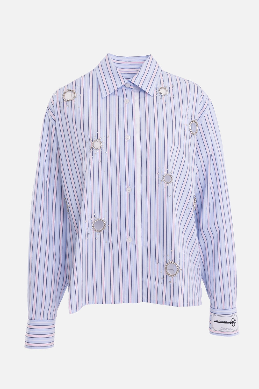 Charles Jeffrey Loverboy women's shirt in blueberry, front view with pearl ring embellishments and striped cotton