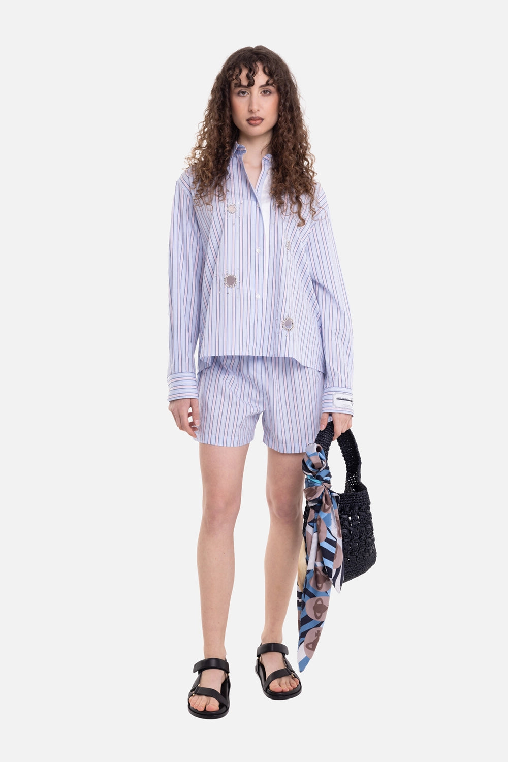 Charles Jeffrey Loverboy women's shirt in blueberry, on-model full length with front embellishments