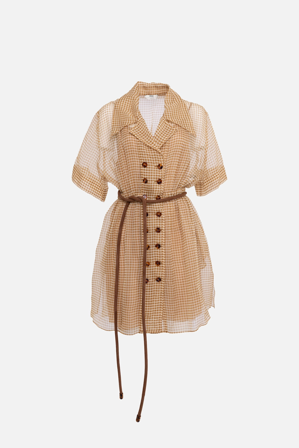 Pre-owned Fendi women's shirt dress in beige check, front view, double-breasted buttons and tie belt
