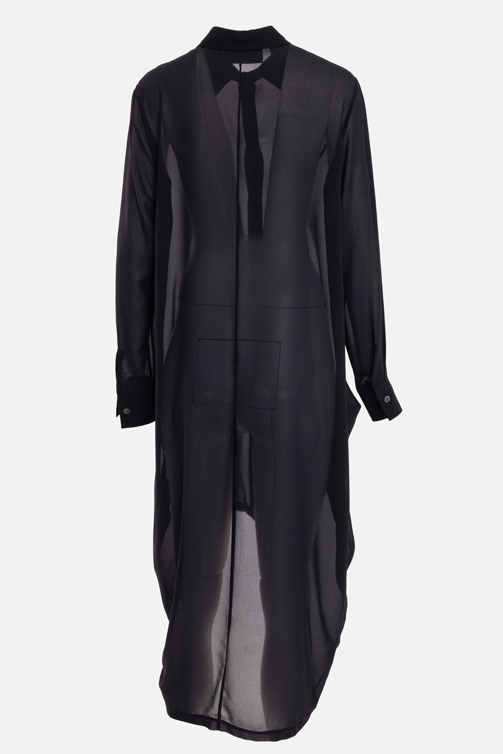 La Haine Inside Us women's shirt dress in black, back view, translucent panels with button cuffs and curved hem
