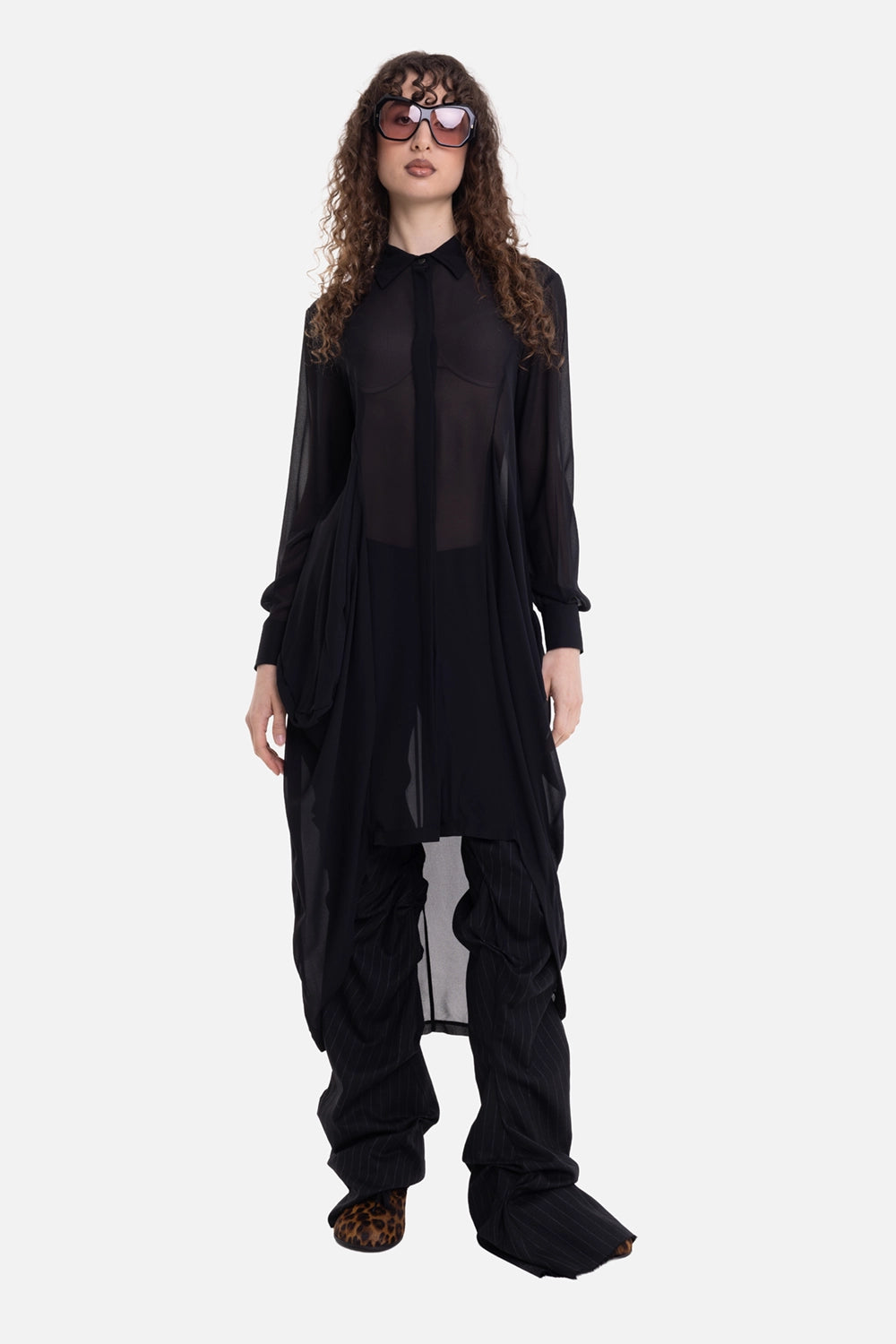 La Haine Inside Us women's shirt dress in black, on-model full-length view, sheer long sleeves and draped panels