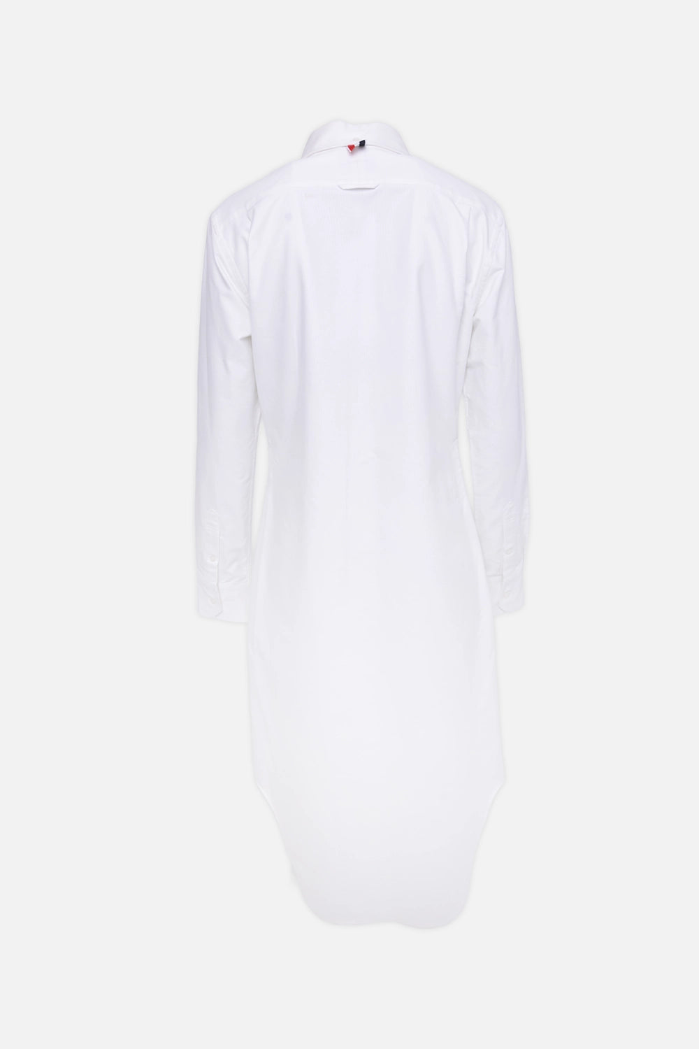 Pre-owned Thom Browne women's shirt dress in white, back view, longline silhouette with tricolor loop tab