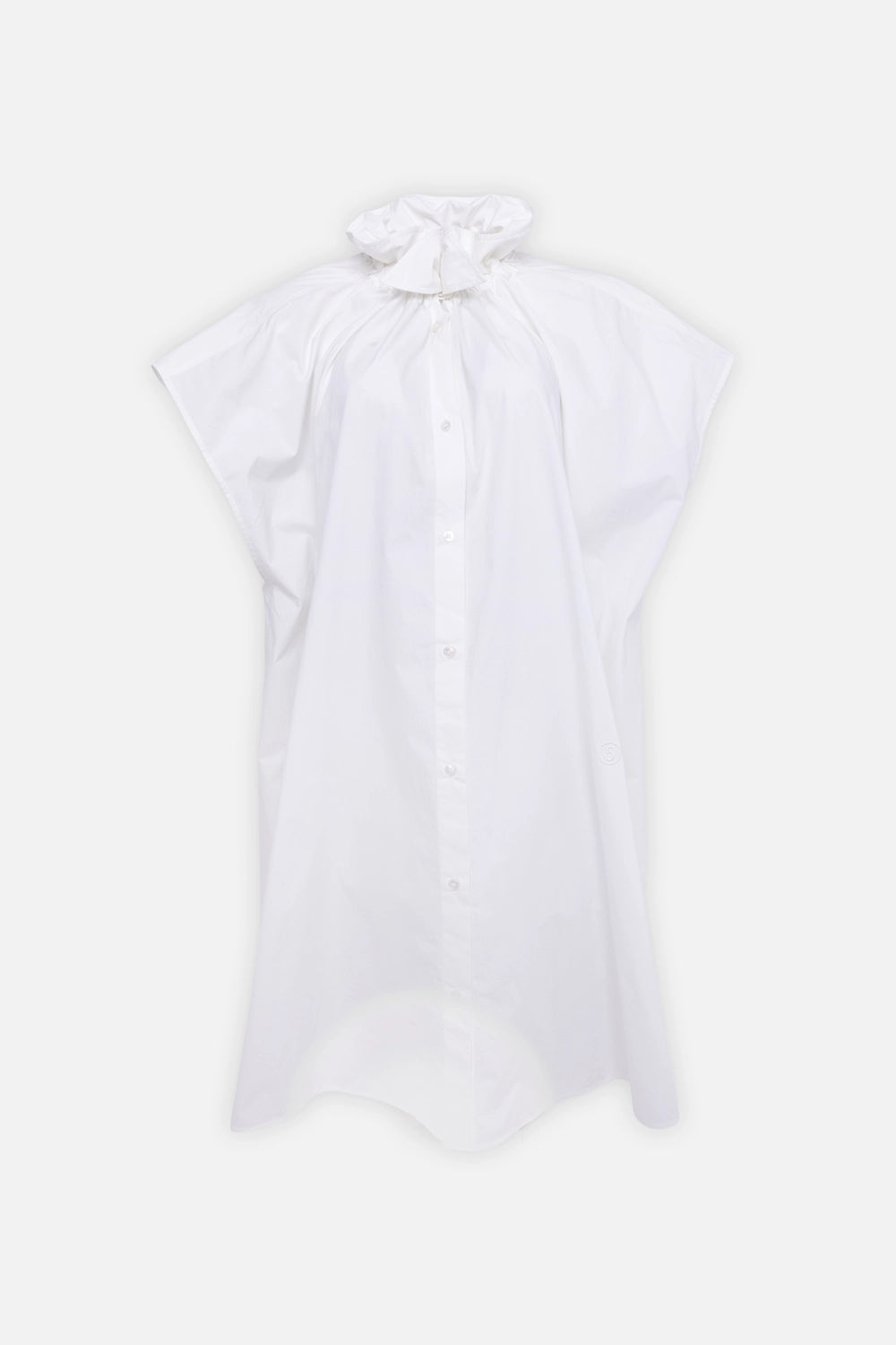 Pre-owned MM6 women's shirt dress in white, front view, funnel ruffle neckline and button placket
