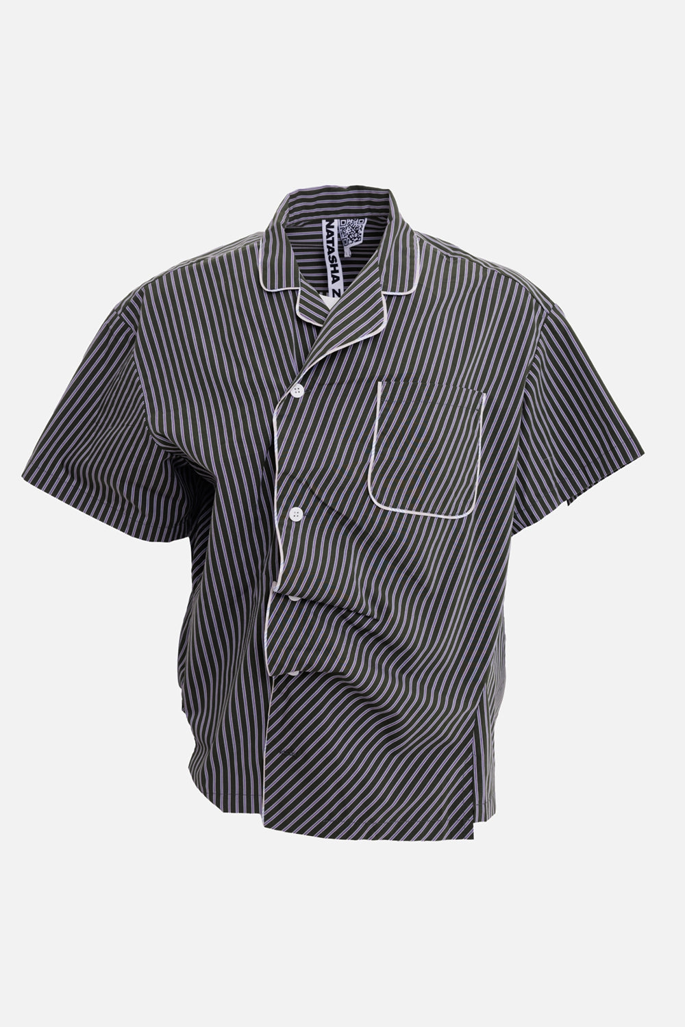 Natasha Zinko men's green striped shirt, front view with white piping and asymmetric striped panels