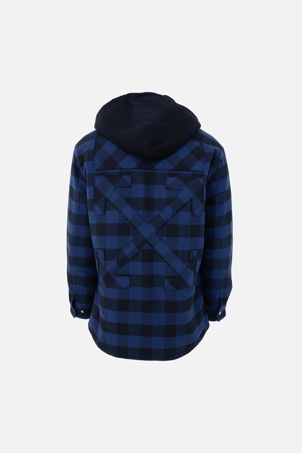 Pre-owned Off-White men's shirt jacket in blue/black check, back view, stitched Arrow motif with hood