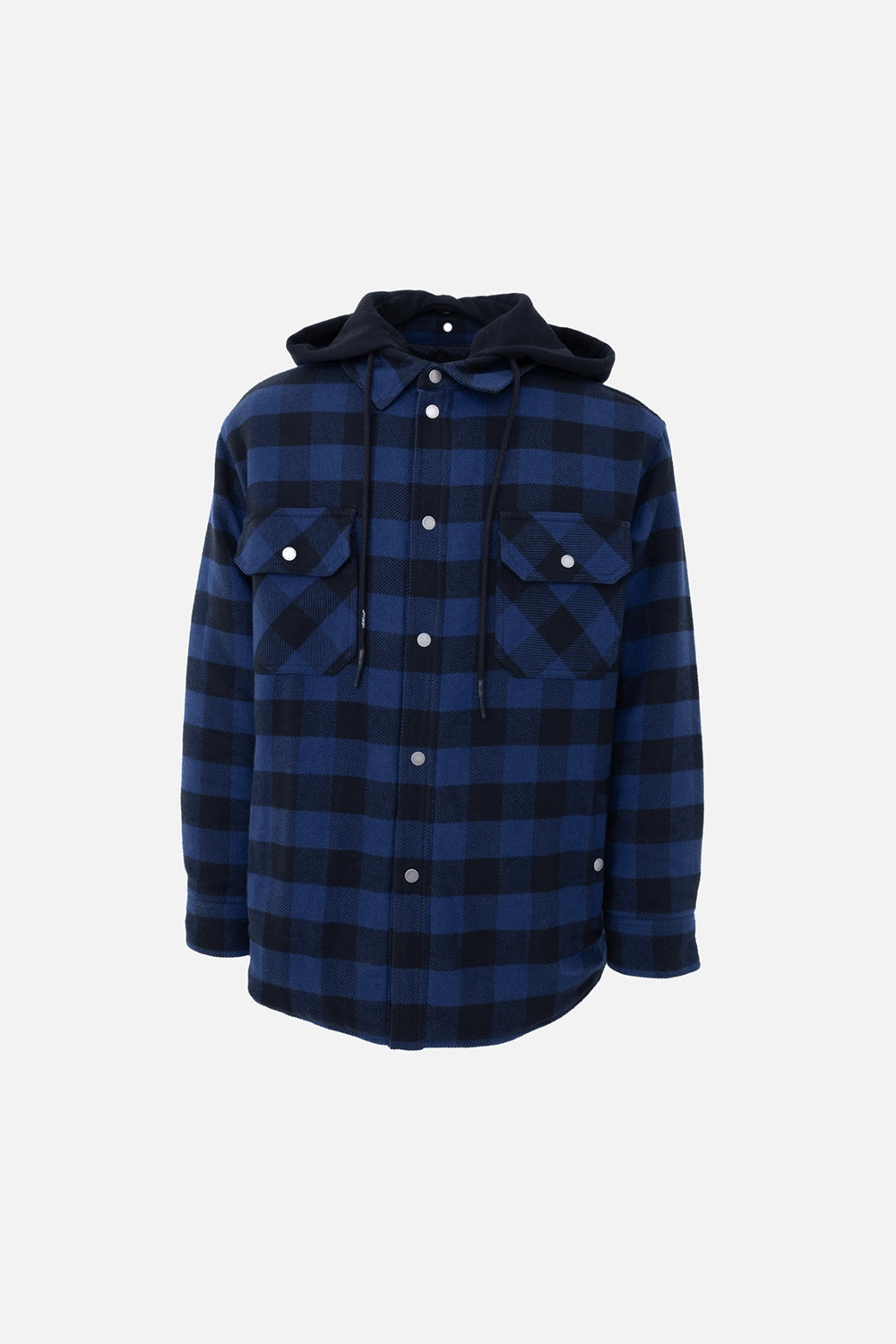 Pre-owned Off-White men's shirt jacket in blue/black check, front view, snap-button placket and flap pockets