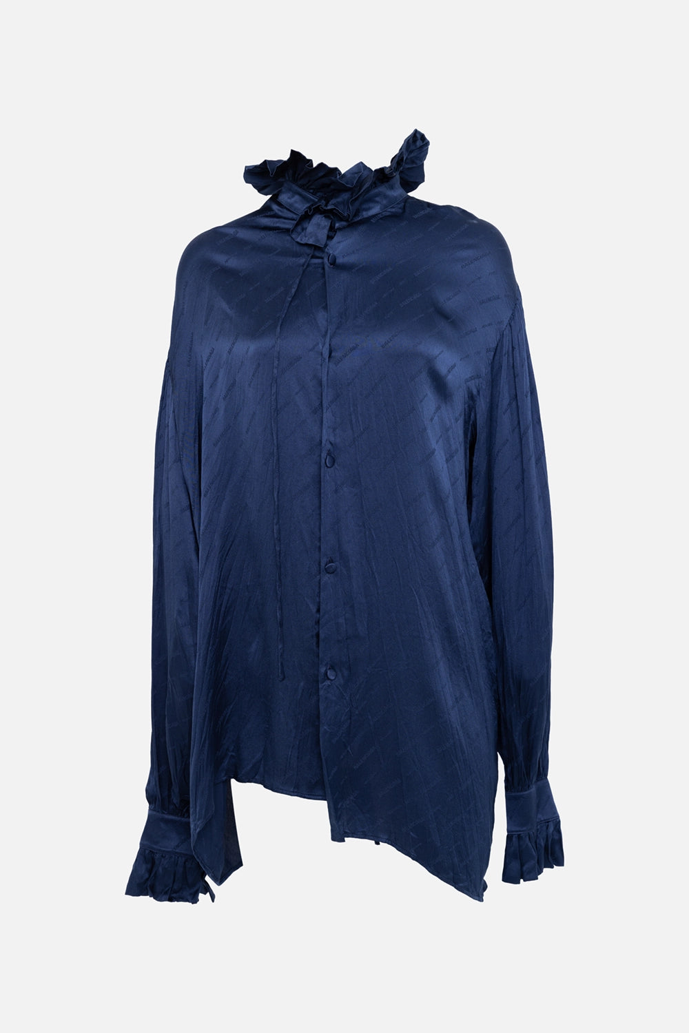 Pre-owned Balenciaga women's shirt in navy, front view, ruffled neck tie and button placket.