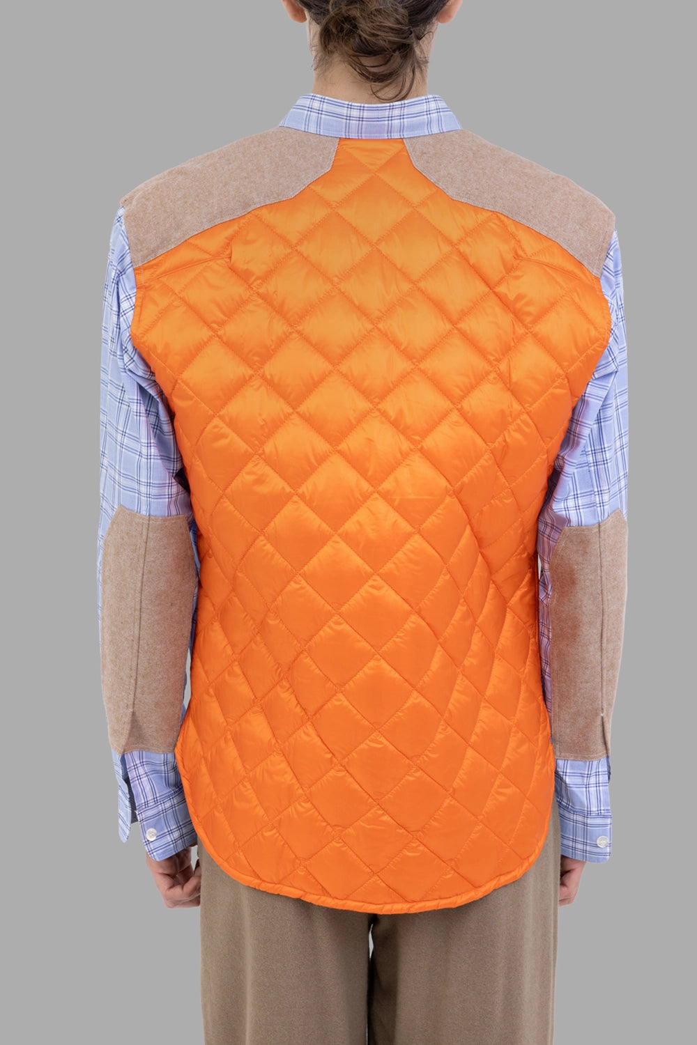 Junya Watanabe shirt in Sax Blue/Orange, back view, diamond-quilted orange nylon panel