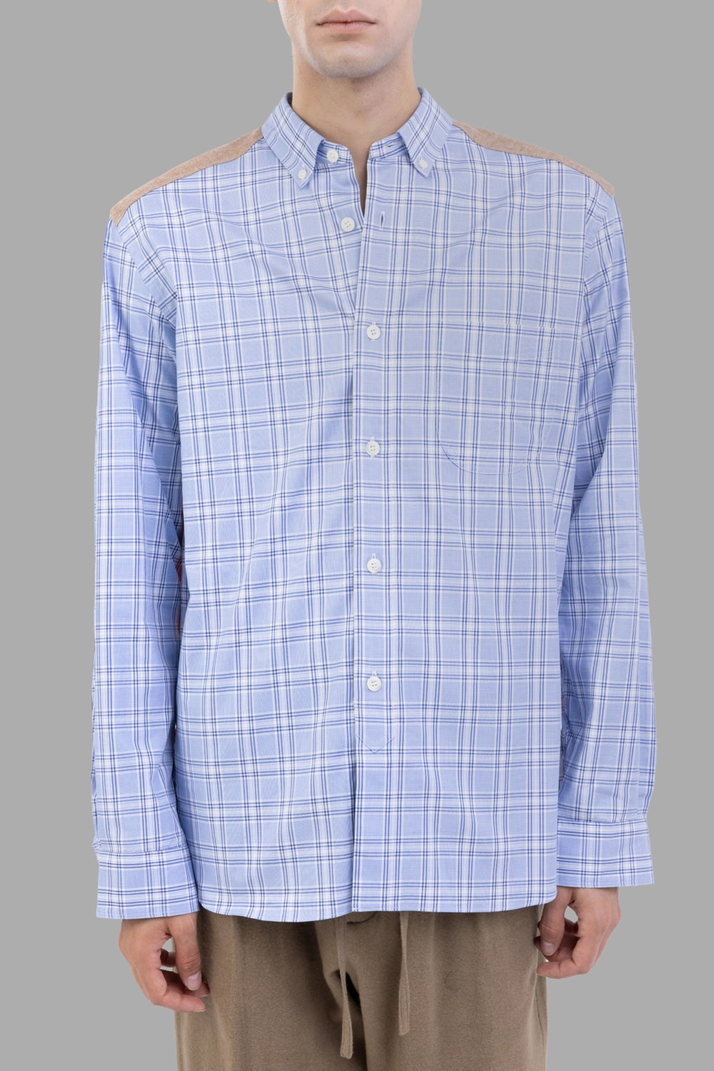 Junya Watanabe shirt in Sax Blue/Orange, front view, button-down collar and chest pocket
