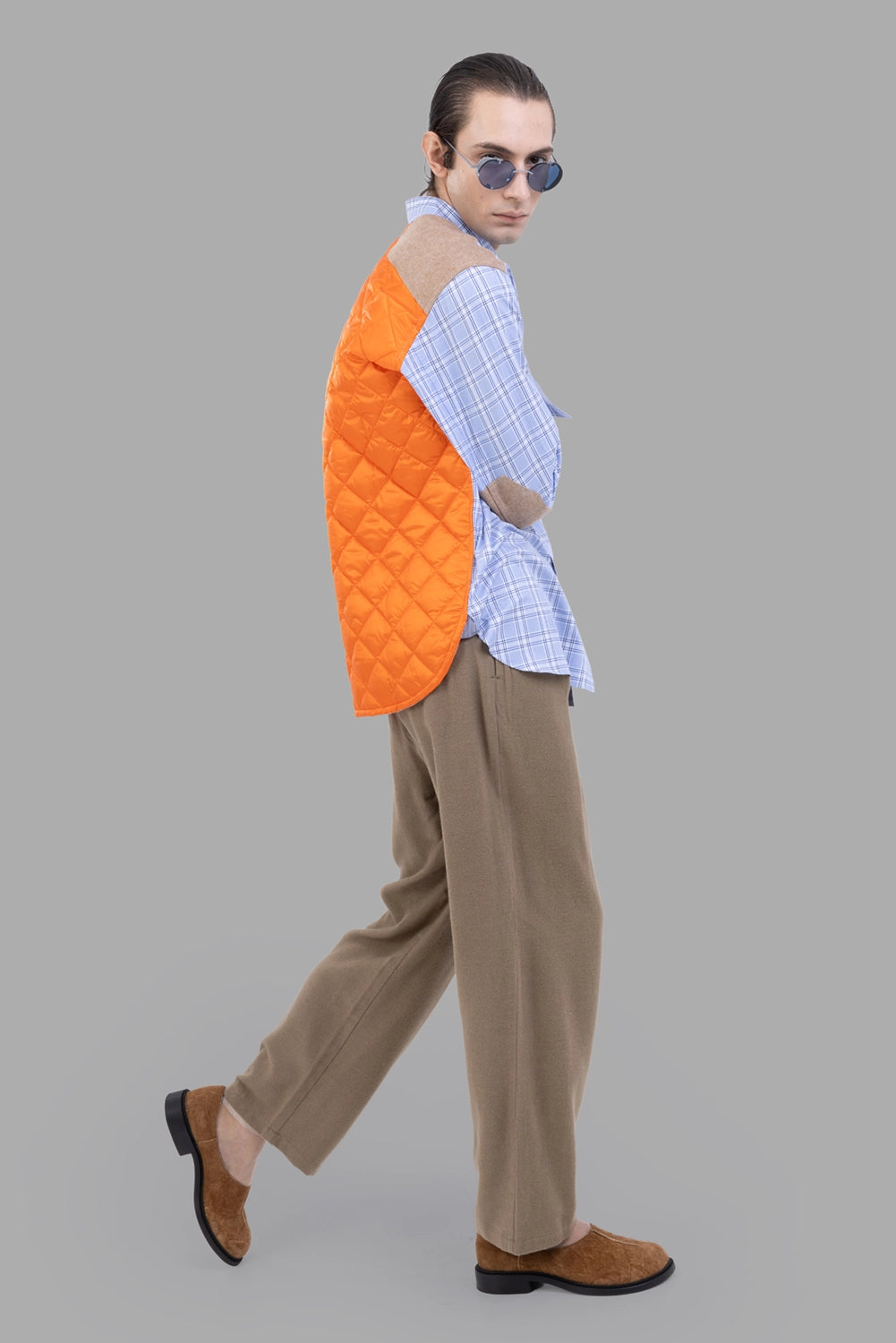 Junya Watanabe shirt in Sax Blue/Orange, full-length on model, quilted orange back panel