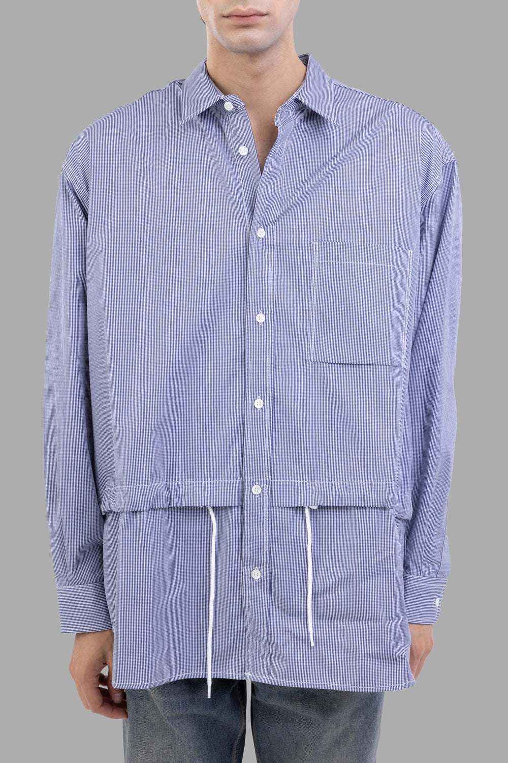 Comme des Garçons shirt in blue micro-stripe, front view, chest patch pocket visible