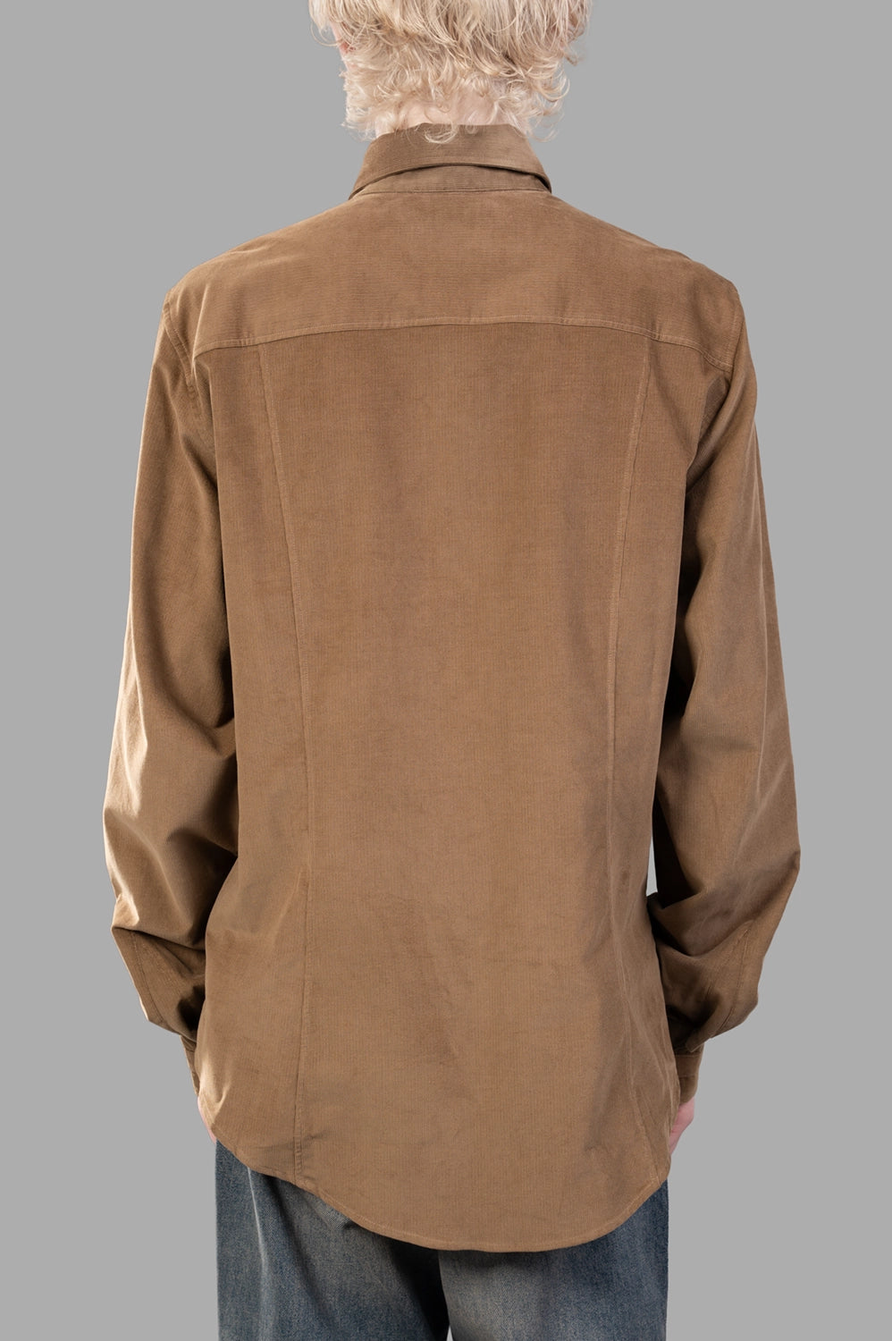 Vivienne Westwood corduroy shirt in Tobacco, back view, clean yoke and curved hem